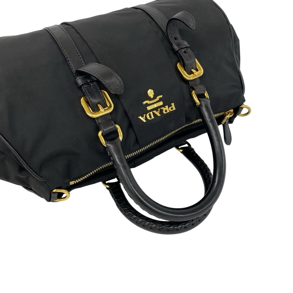 Prada Black Nylon Leather Handbag Shoulder Bag Tote Bag (Pre-Owned)