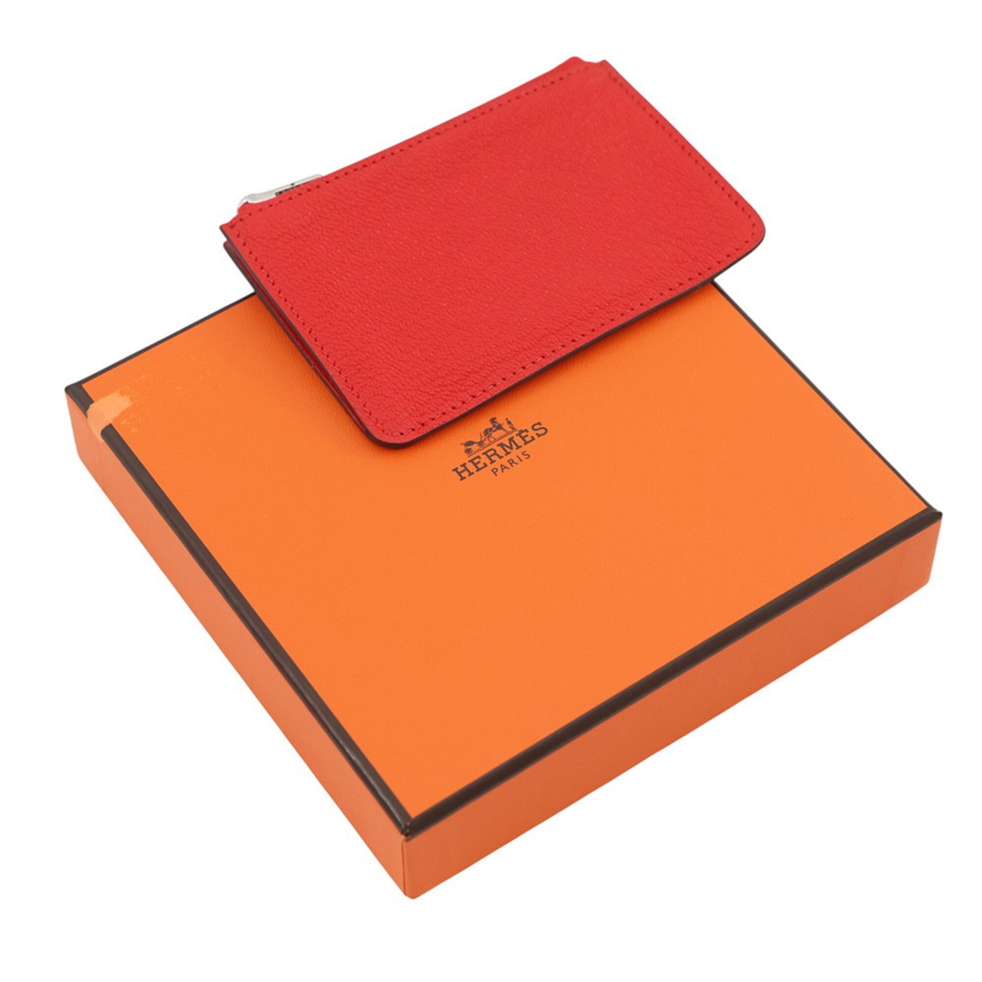 Hermes Orange Orange Red Chevre Myzore Leather Coin Purse/Coin Case (Pre-Owned)