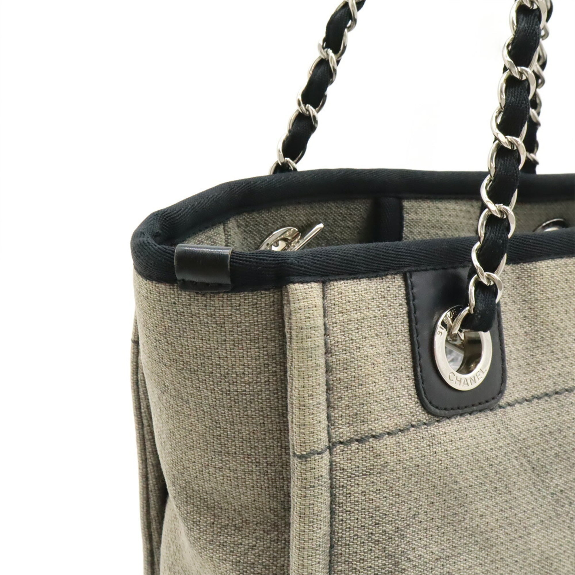 Chanel Black Gray Canvas Leather Shoulder Bag Tote Bag (Pre-Owned)