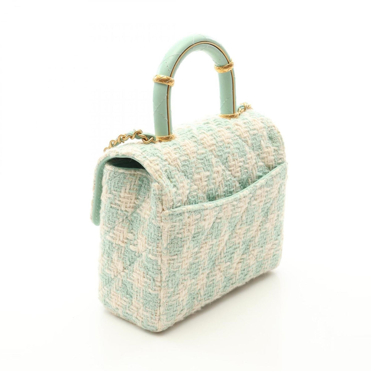 Chanel Green White Fabric Leather Handbag Shoulder Bag (Pre-Owned)