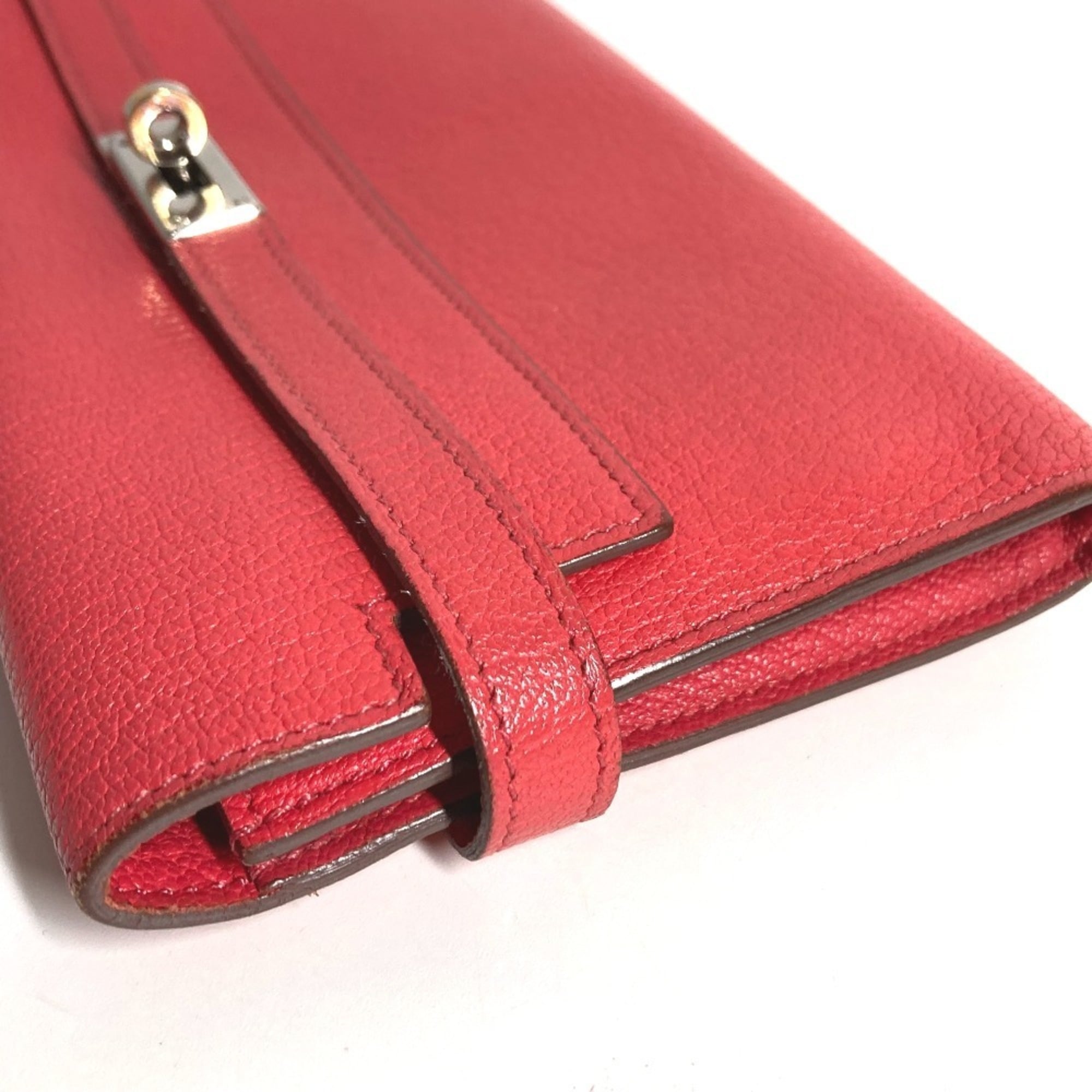 Hermes Red Color Chevre Leather Long Wallet (Bi-Fold) (Pre-Owned)
