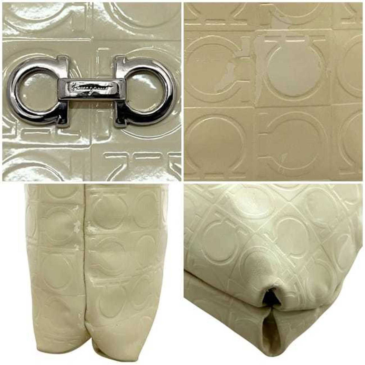 Salvatore Ferragamo Gancini Cream White Patent Leather Shoulder Bag (Pre-Owned)
