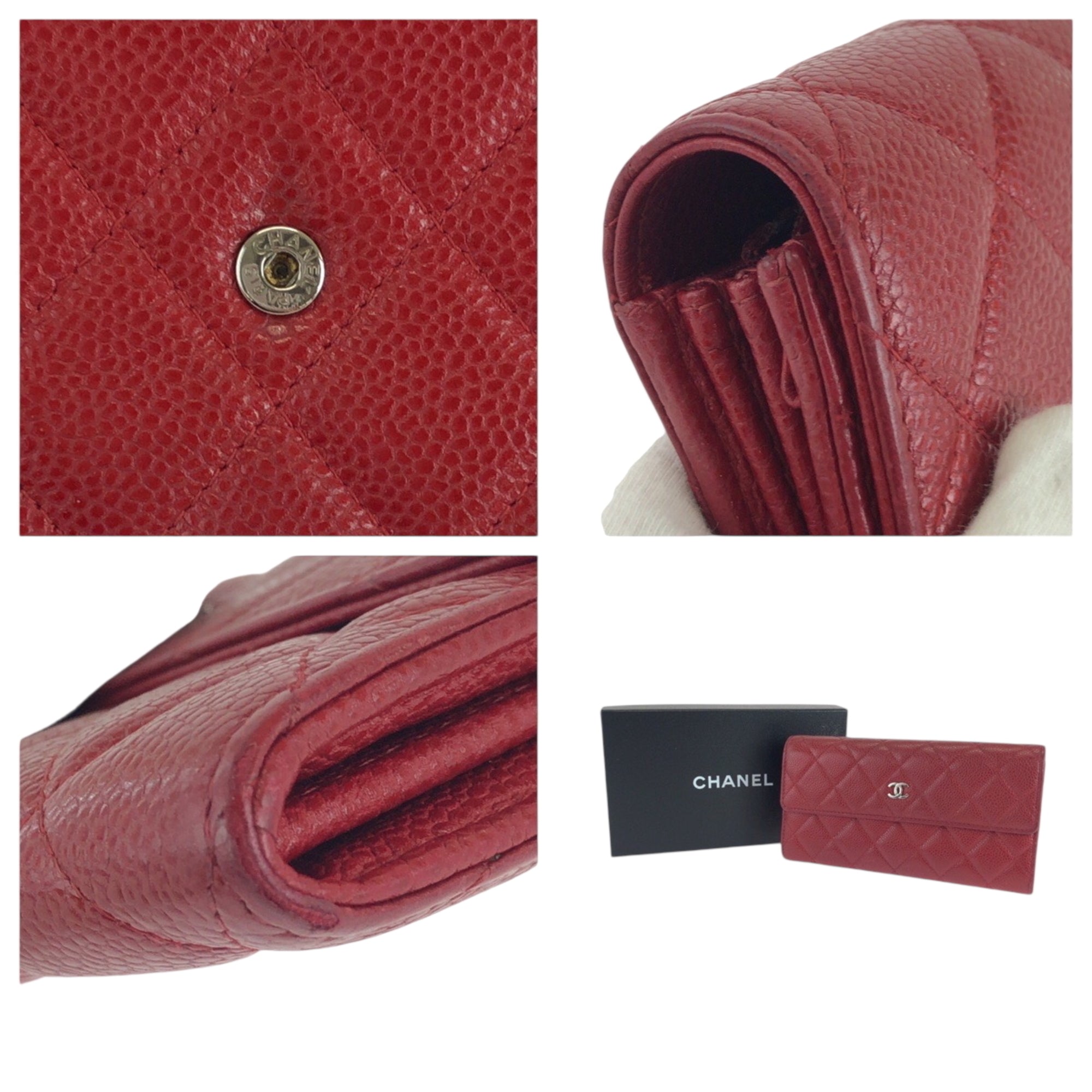 Chanel Red Color Grained Calfskin Long Wallet (Bi-Fold) (Pre-Owned)