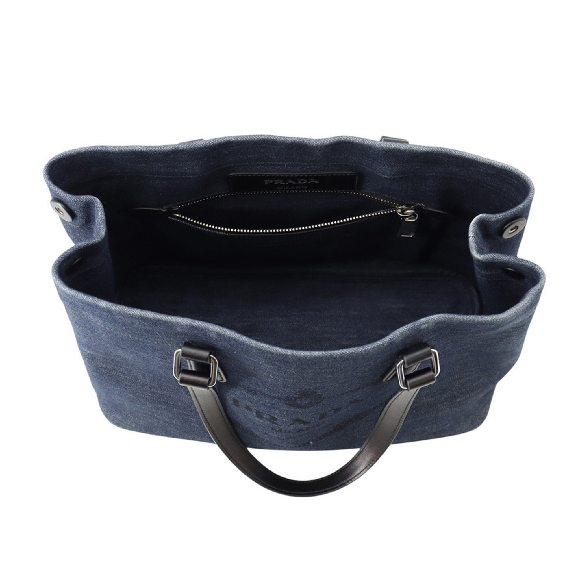 Prada Black Blue Cotton Leather Shoulder Bag Tote Bag (Pre-Owned)