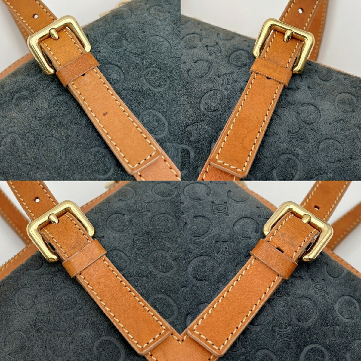 Celine Macadam Brown Navy Suede Leather Boston Bag (Pre-Owned)