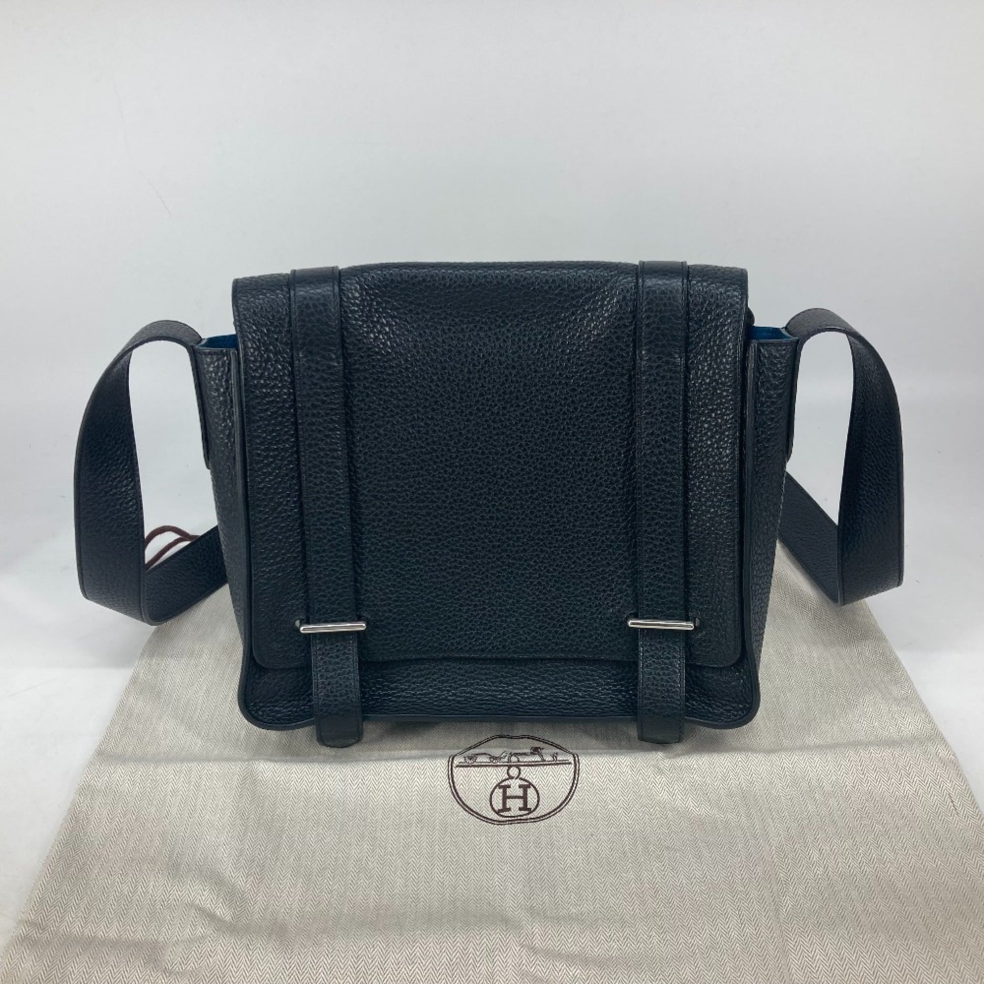 Hermes Black Blue Taurillon Clemence Leather Messenger Bag Shoulder Bag (Pre-Owned)