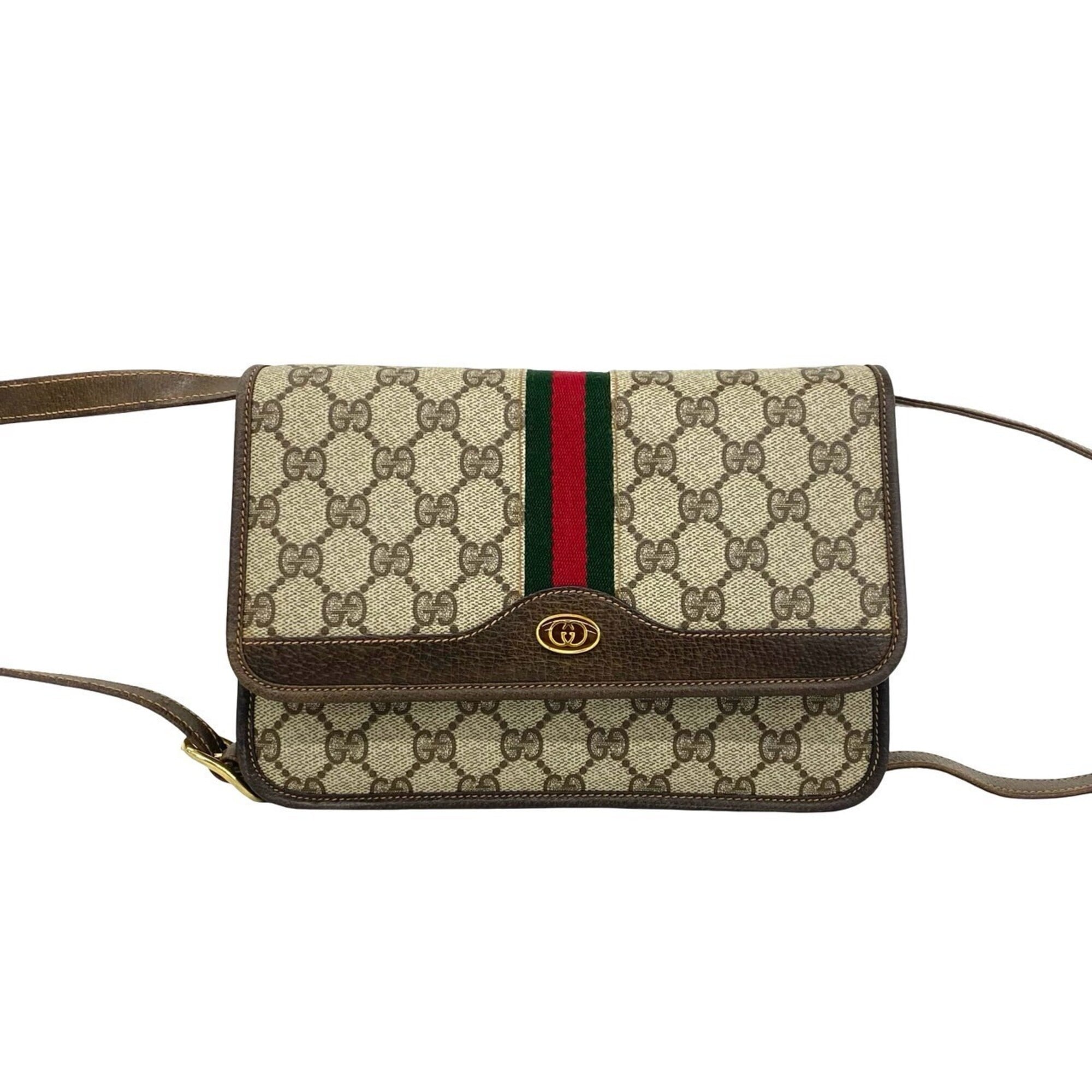 Gucci Brown Green Red Color Leather Pvc Shoulder Bag (Pre-Owned)