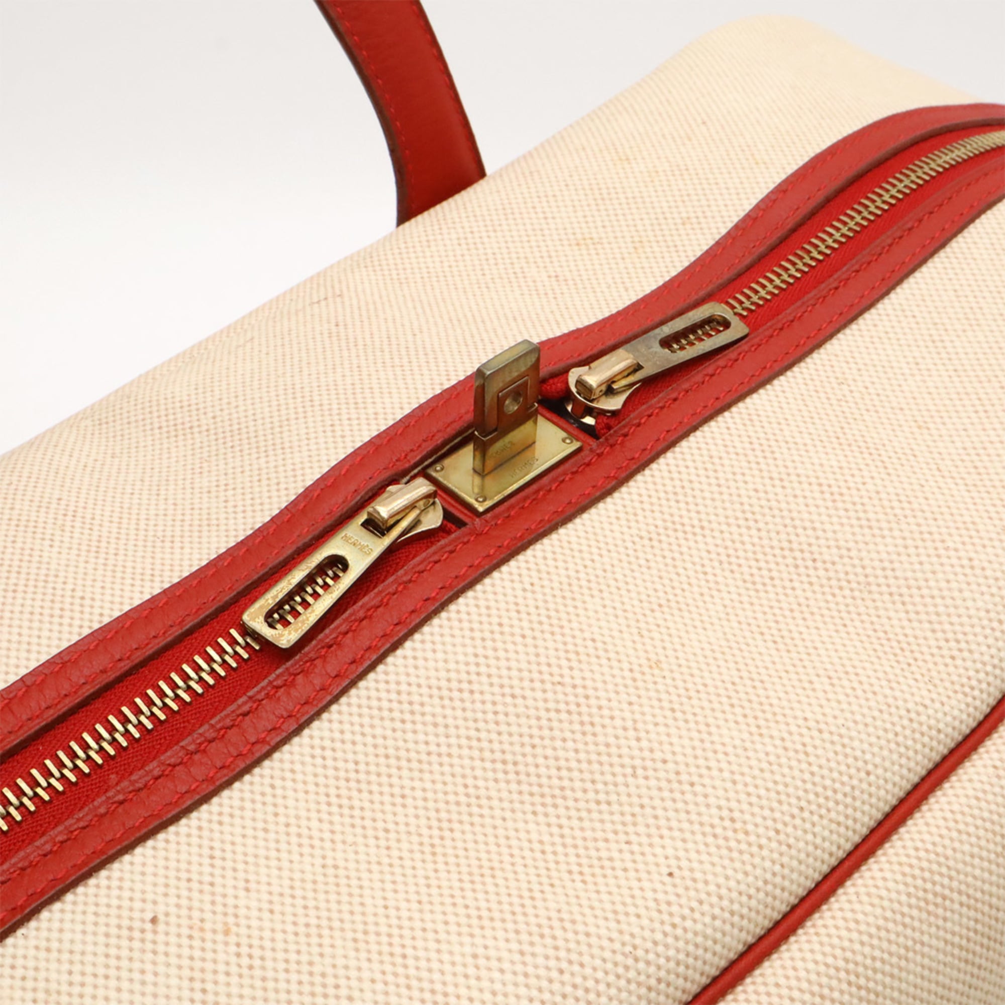 Hermes Beige Red Color Toile H Leather Boston Bag (Pre-Owned)