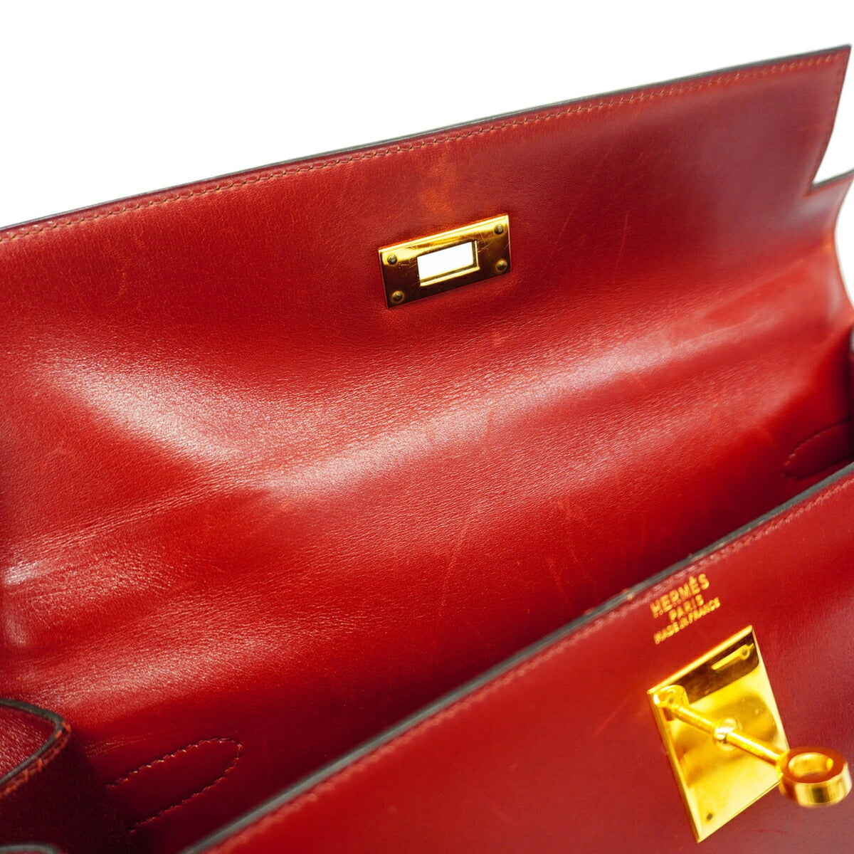 Hermes Rouge H Box Calf Leather Handbag (Pre-Owned)