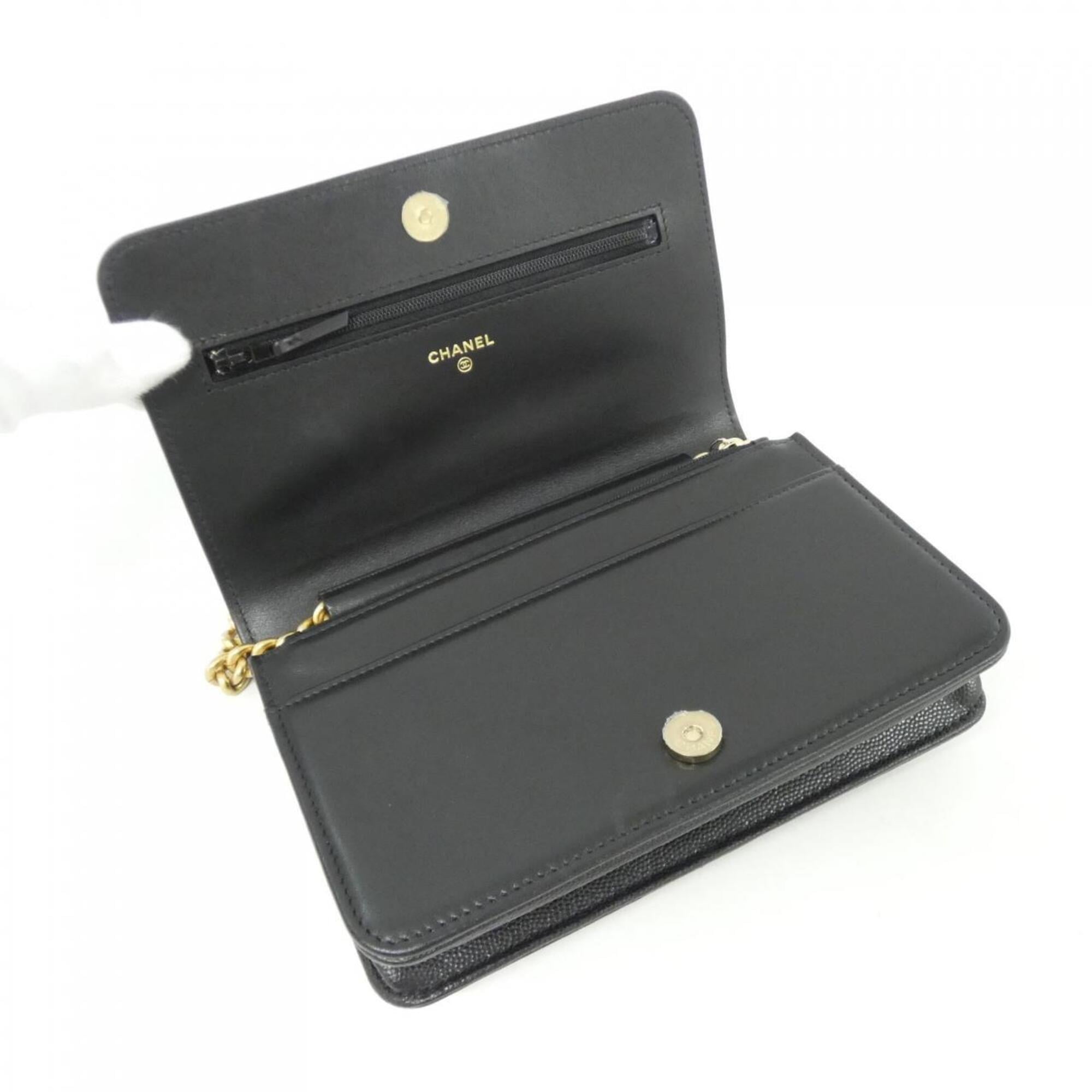 Chanel Black Grained Calfskin Chain/Shoulder Wallet (Pre-Owned)