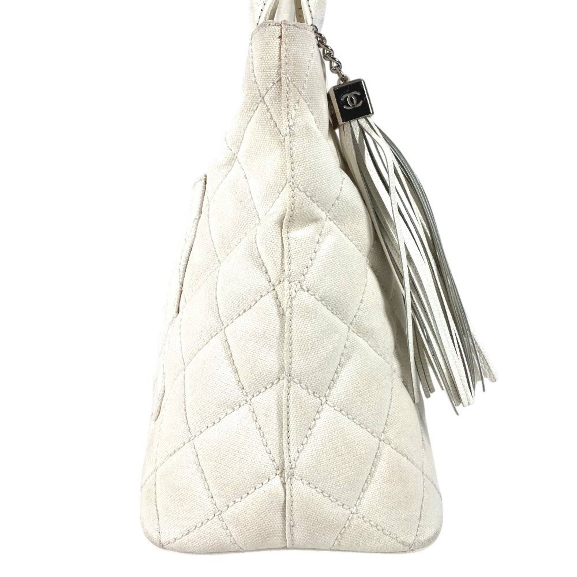 Chanel White Leather Canvas Shoulder Bag Tote Bag (Pre-Owned)