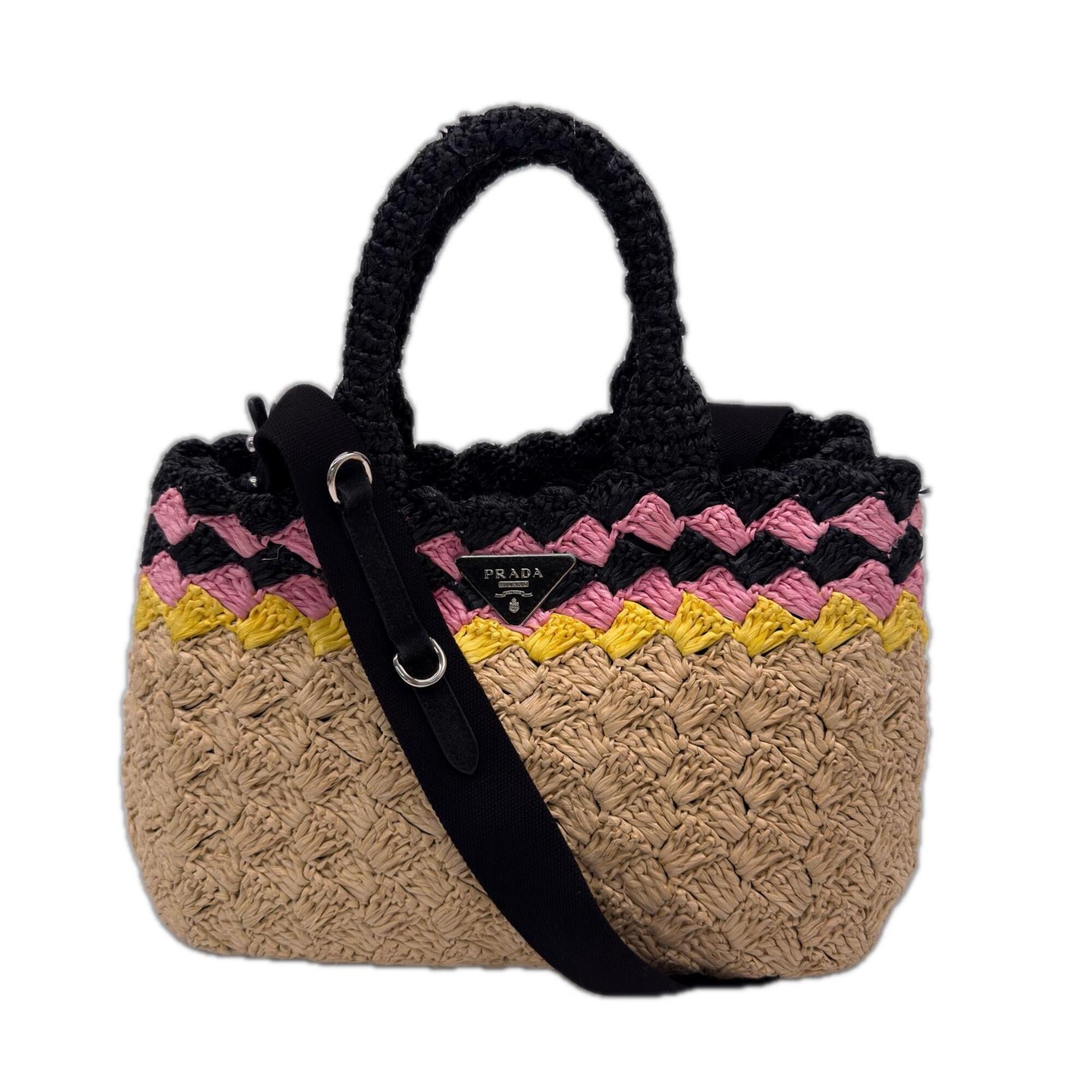 Prada Beige Multi-Color Raffia Handbag Shoulder Bag (Pre-Owned)