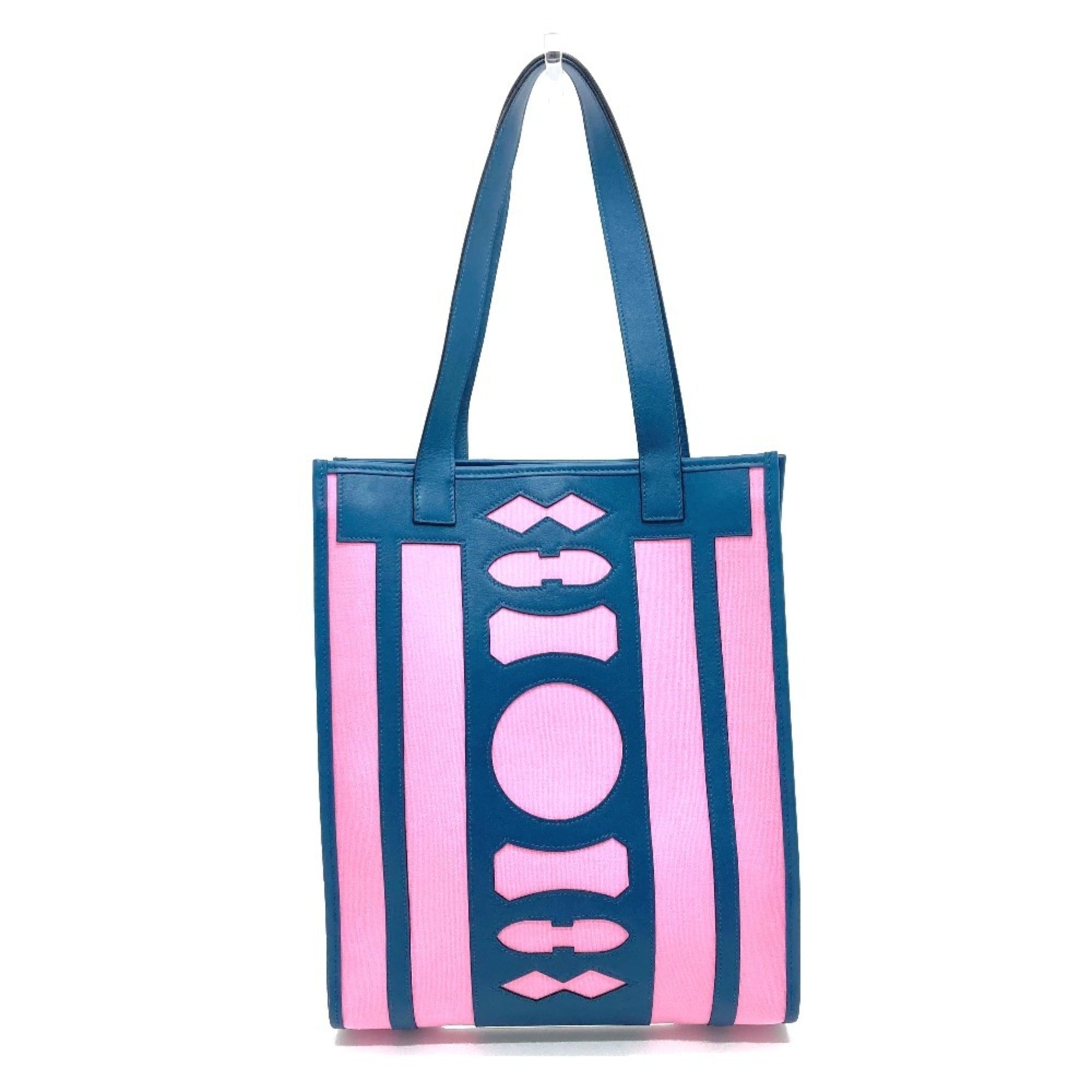 Hermes Petit H Navy Pink Leather Canvas Handbag Tote Bag (Pre-Owned)