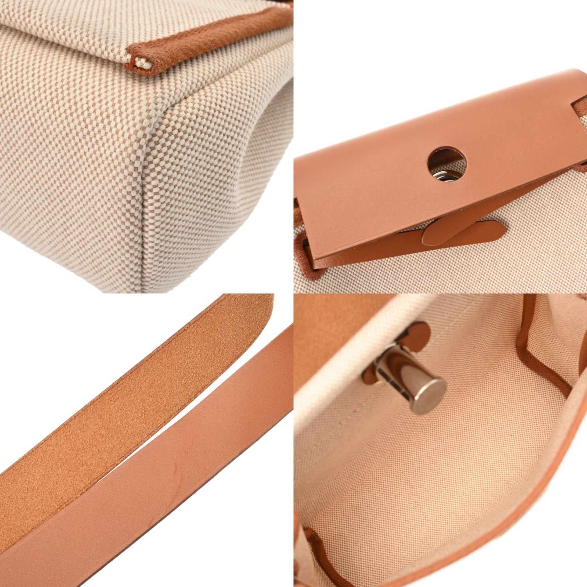 Hermes Ecru Fauve Leather Canvas Handbag (Pre-Owned)