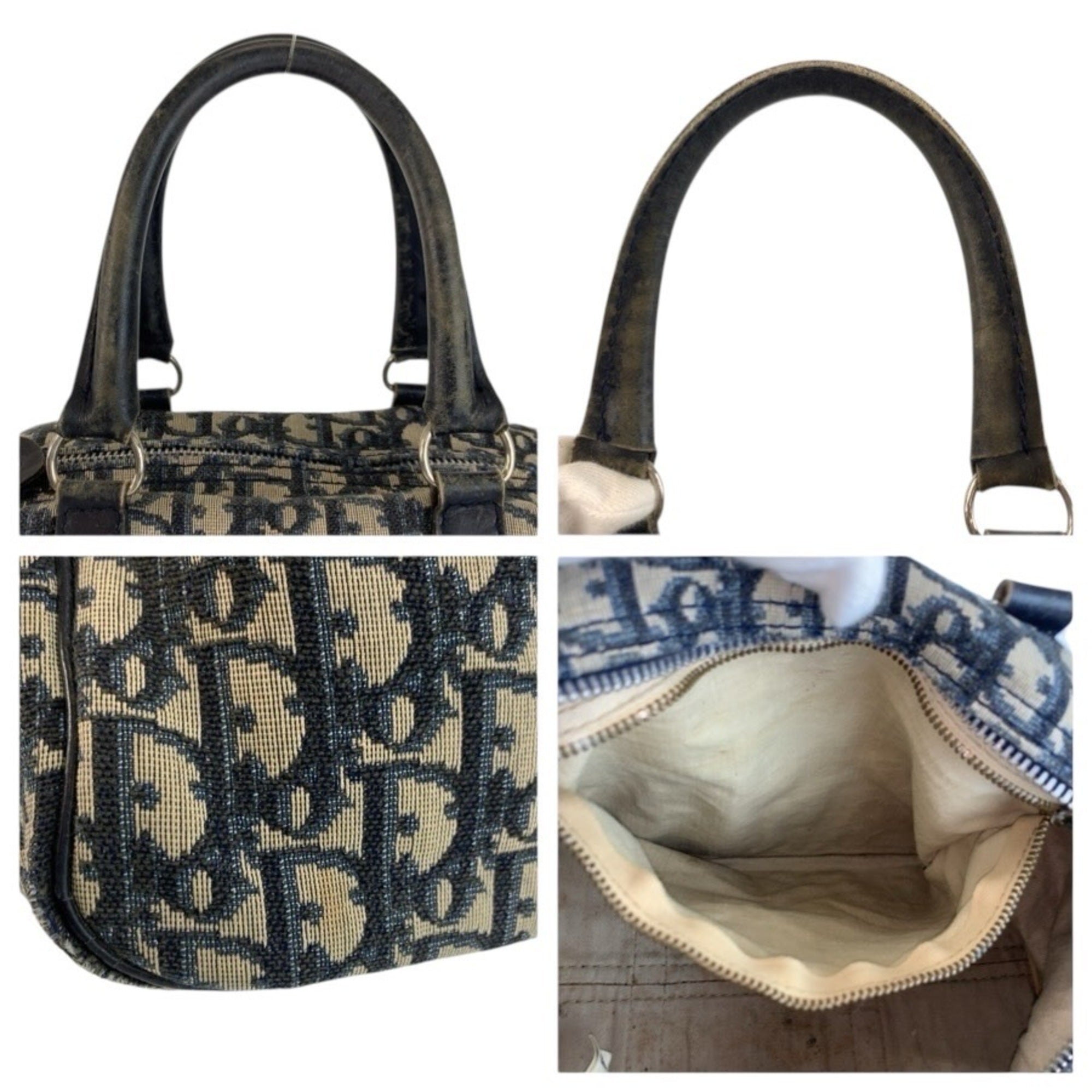 Christian Dior Navy Canvas Leather Boston Bag Handbag (Pre-Owned)