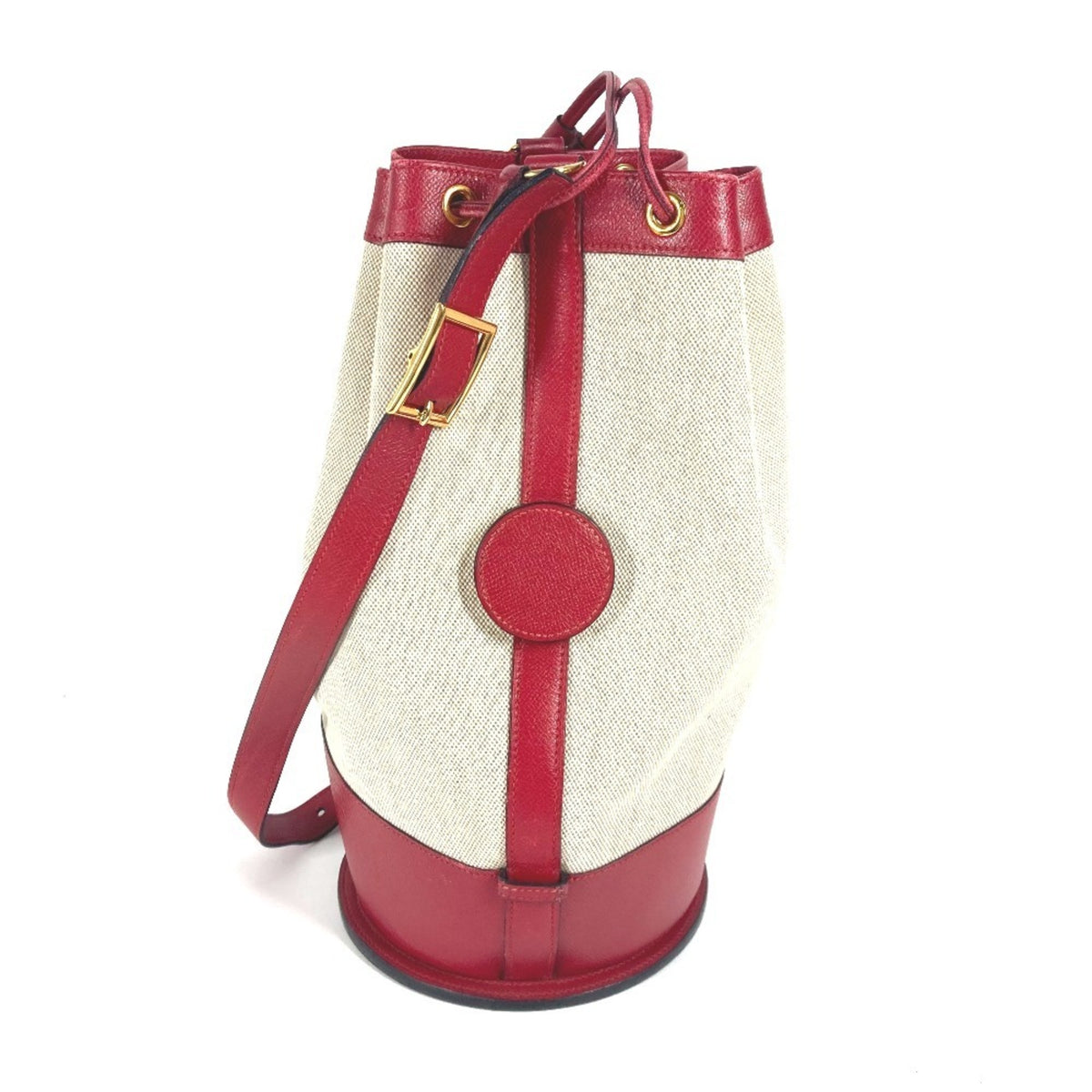 Hermes Beige Red Color Leather Canvas Shoulder Bag (Pre-Owned)