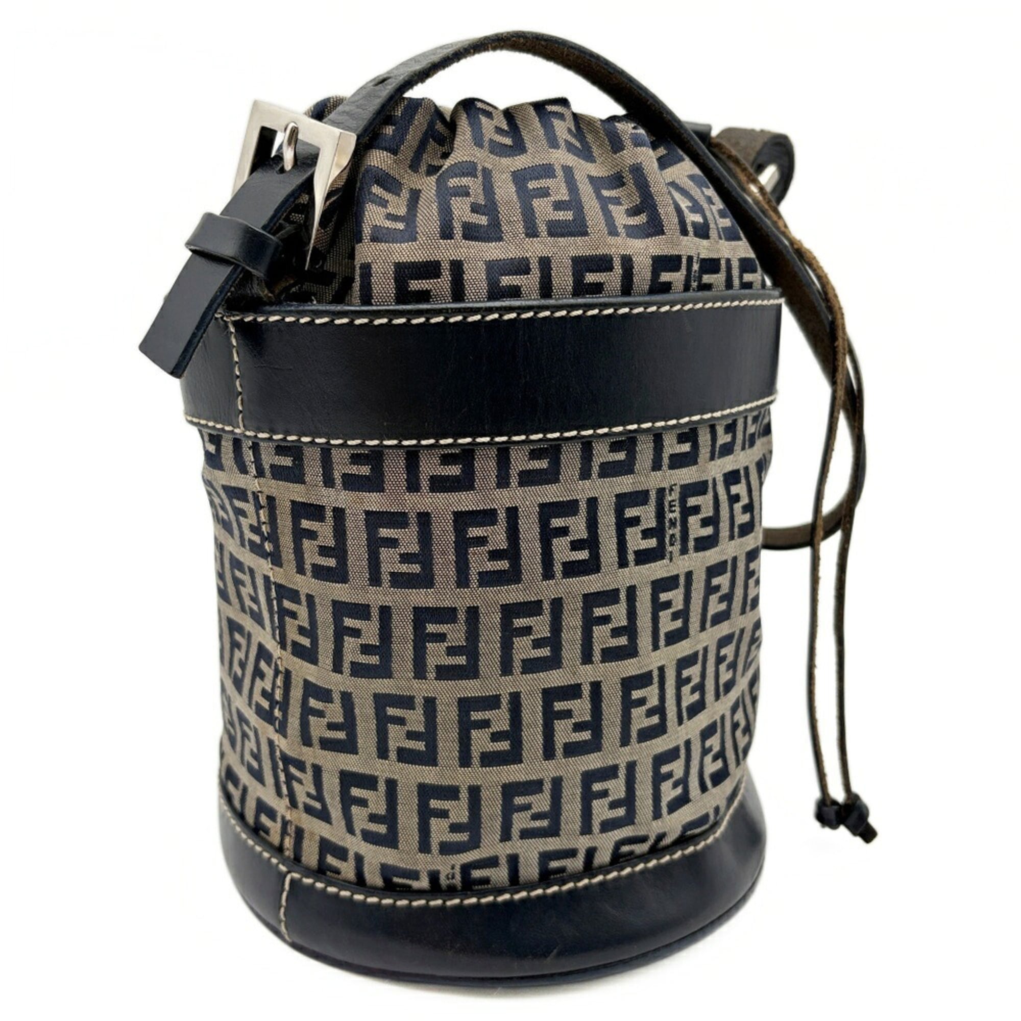 Fendi Zucca Navy Canvas Leather Shoulder Bag (Pre-Owned)