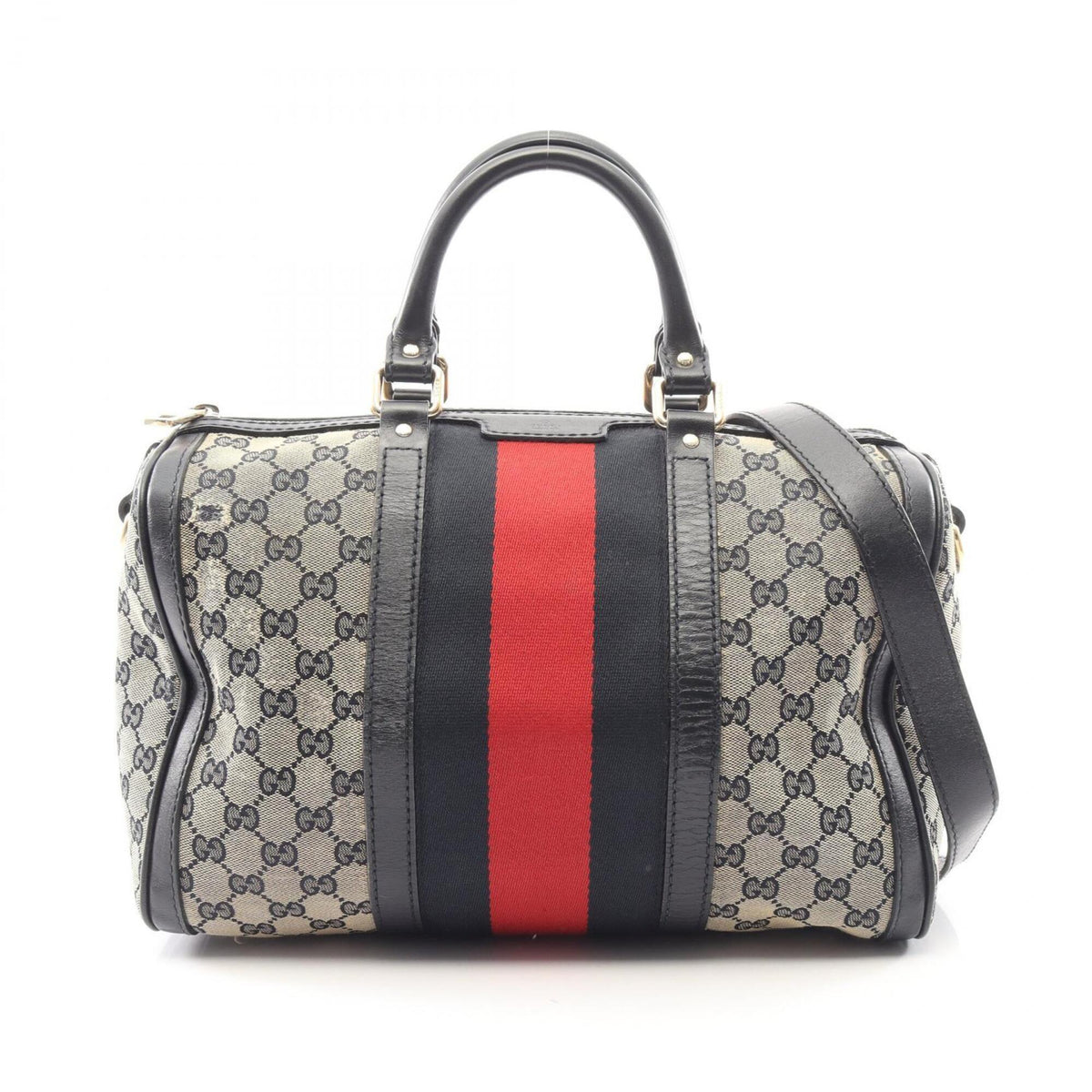 Gucci Beige Navy Red Color Canvas Leather Handbag (Pre-Owned)