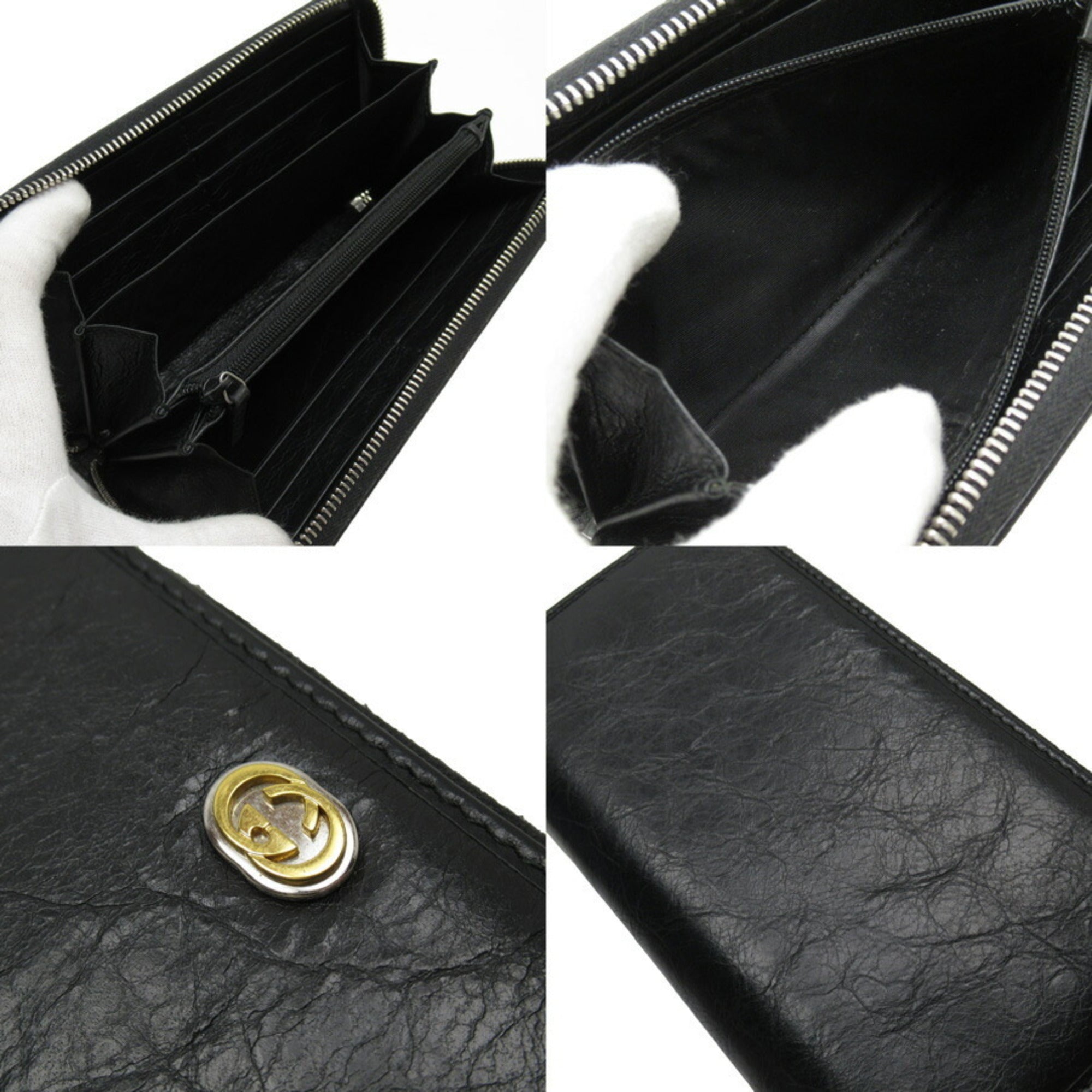 Gucci Black Gold Silver Leather Long Wallet (Bi-Fold) (Pre-Owned)