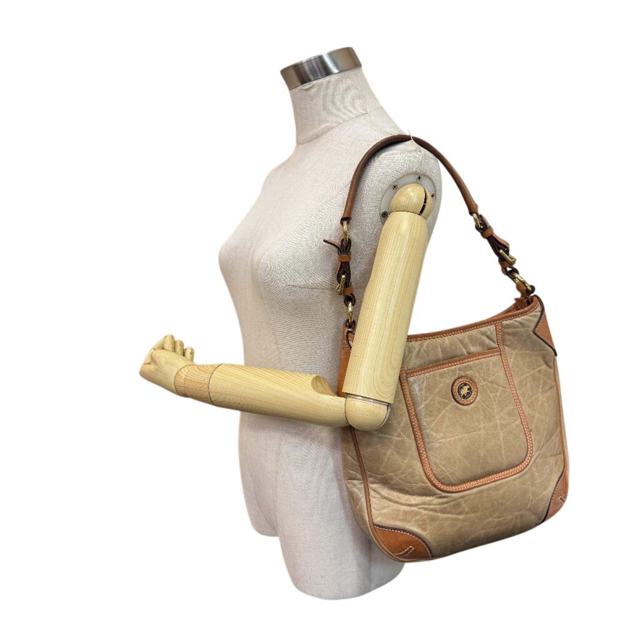 Hunting World Beige Beige Brown Leather Nylon Shoulder Bag (Pre-Owned)