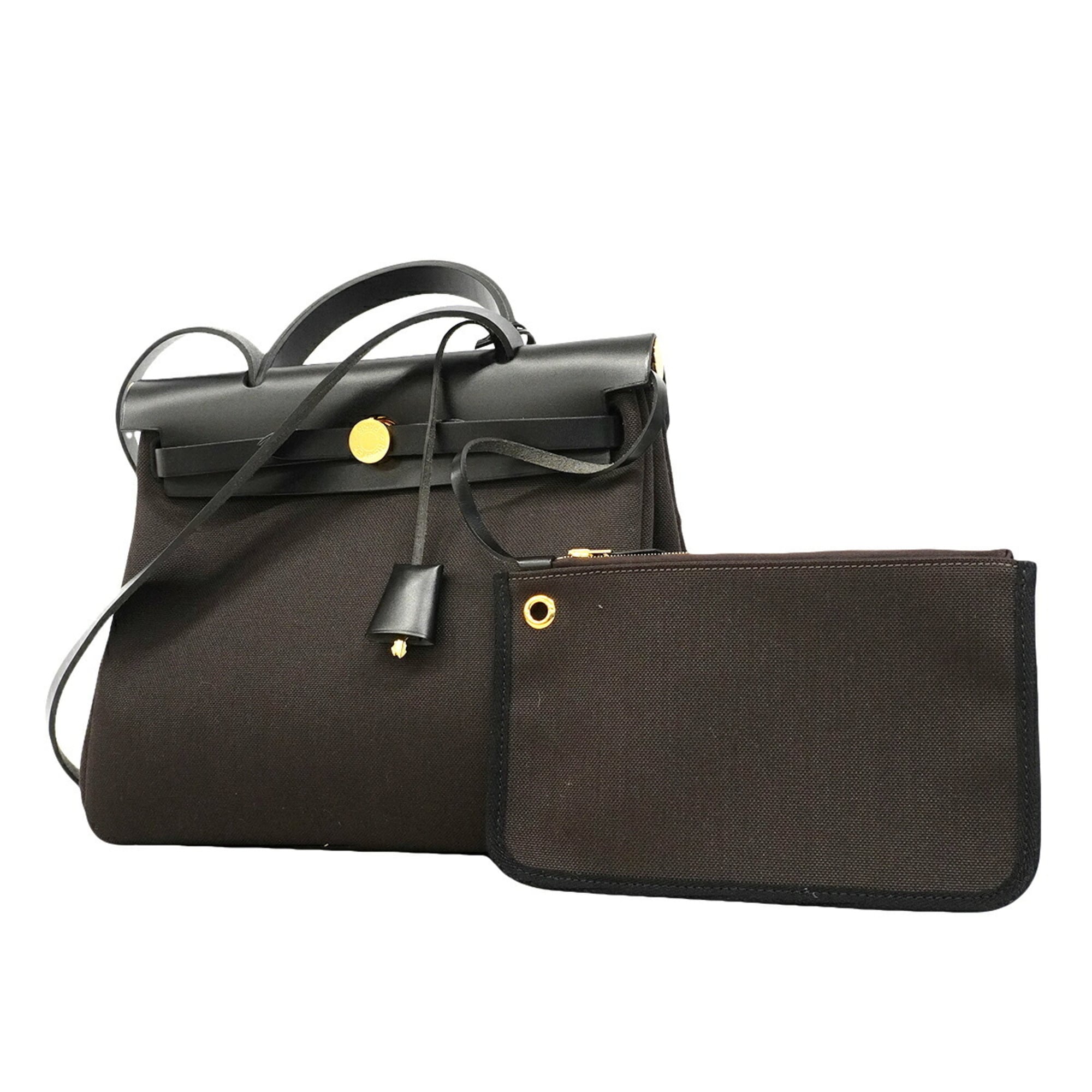 Hermes Black Brown Toile Officier Handbag (Pre-Owned)
