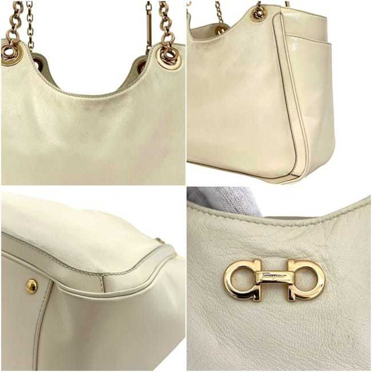 Salvatore Ferragamo Gancini Cream White Leather Tote Bag (Pre-Owned)