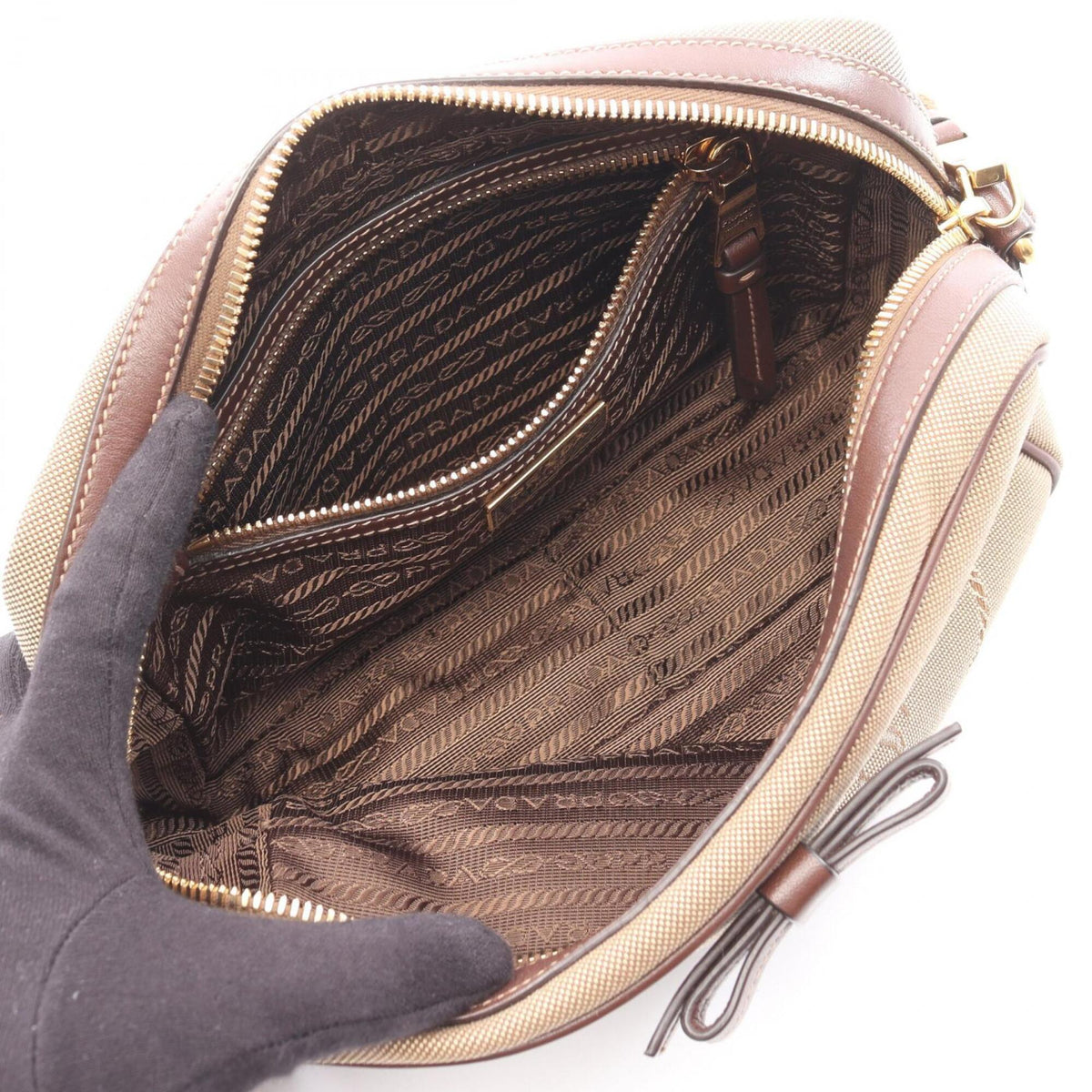 Prada Beige Brown Canvas Leather Handbag Shoulder Bag (Pre-Owned)