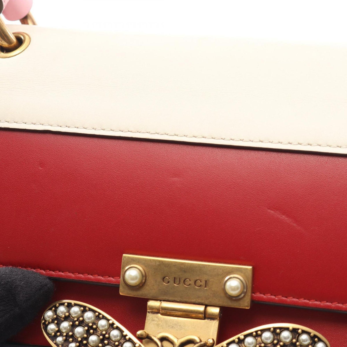 Gucci Ivory Navy Red Color Leather Handbag (Pre-Owned)