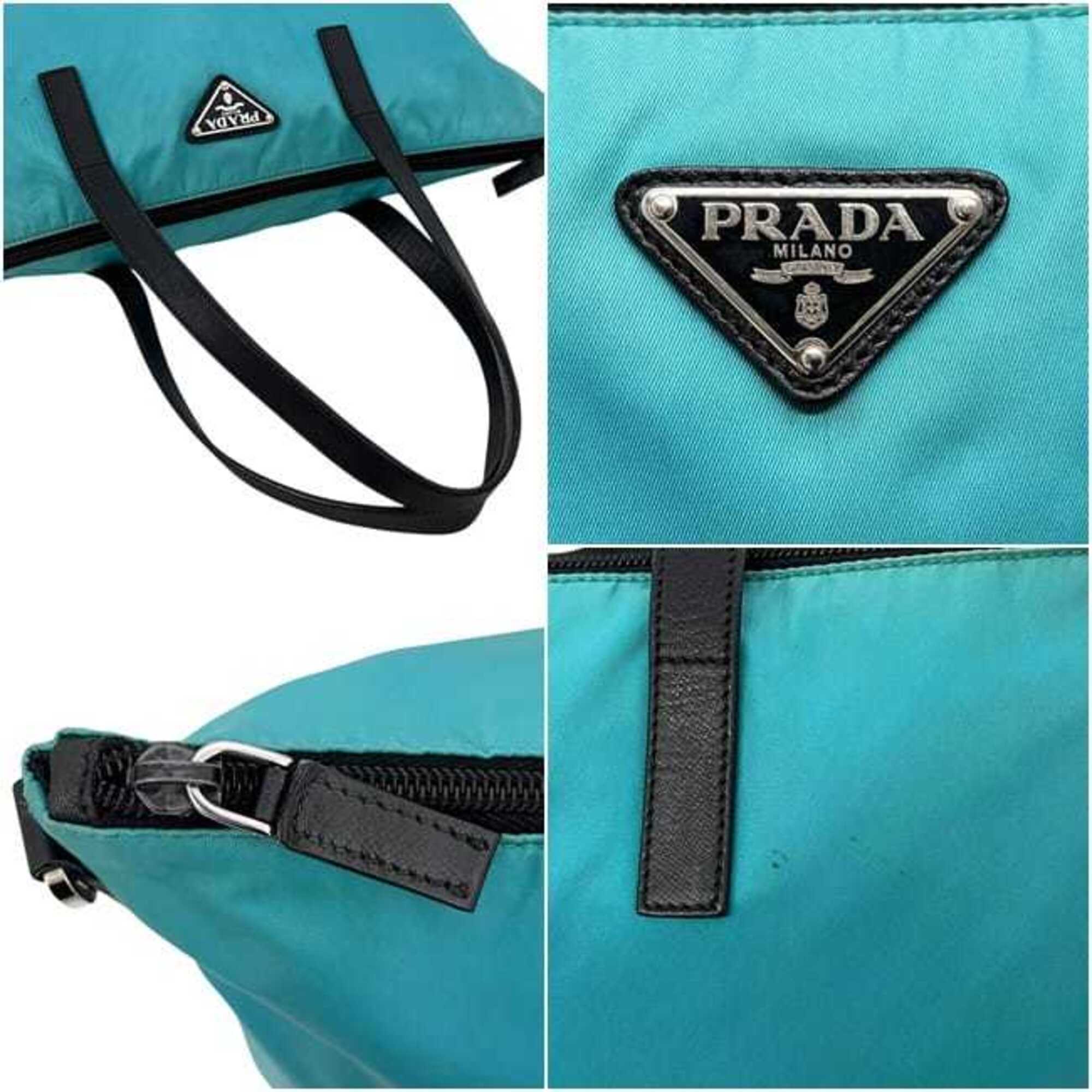 Prada Light Blue Nylon Leather Shoulder Bag Tote Bag (Pre-Owned)
