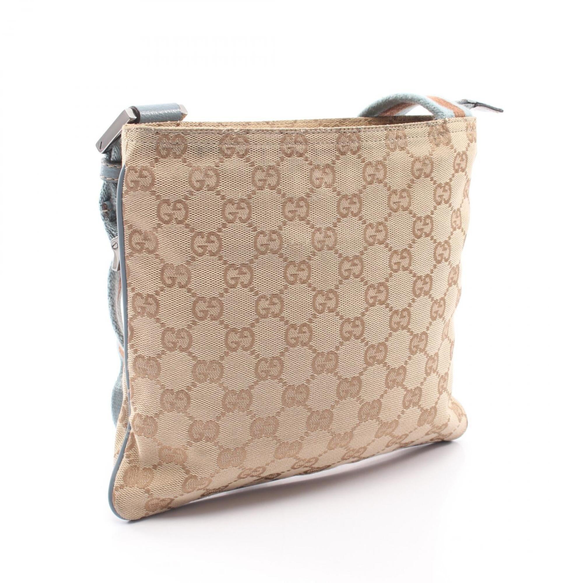 Gucci Beige Blue Brown Canvas Leather Shoulder Bag (Pre-Owned)