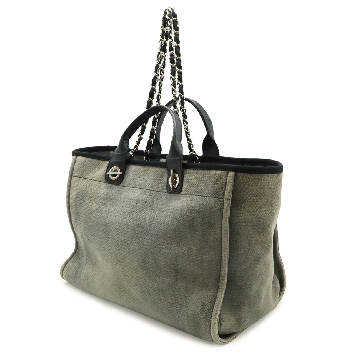 Chanel Black Gray Canvas Shoulder Bag Tote Bag (Pre-Owned)