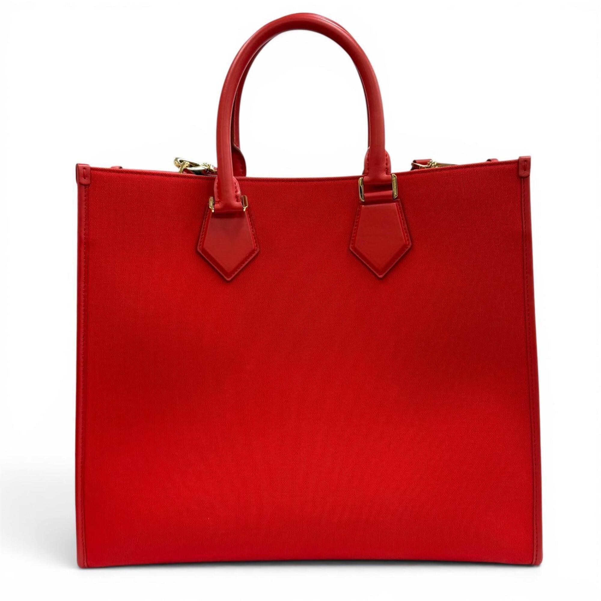 Dolce & Gabbana Red Color Leather Canvas Tote Bag (Pre-Owned)