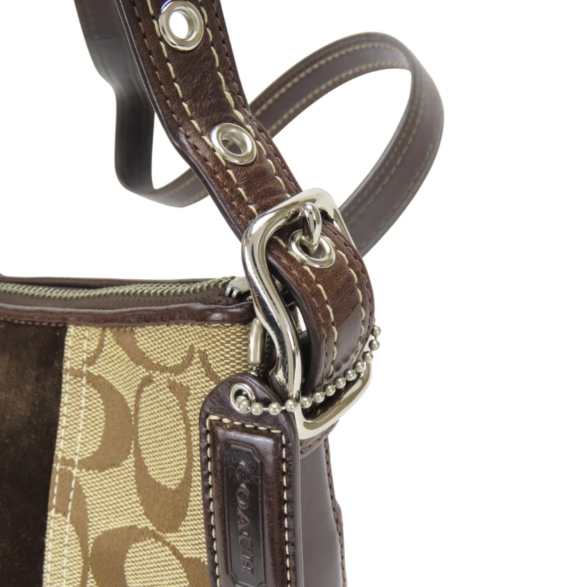 Coach Signature Brown Canvas Suede Leather Shoulder Bag (Pre-Owned)