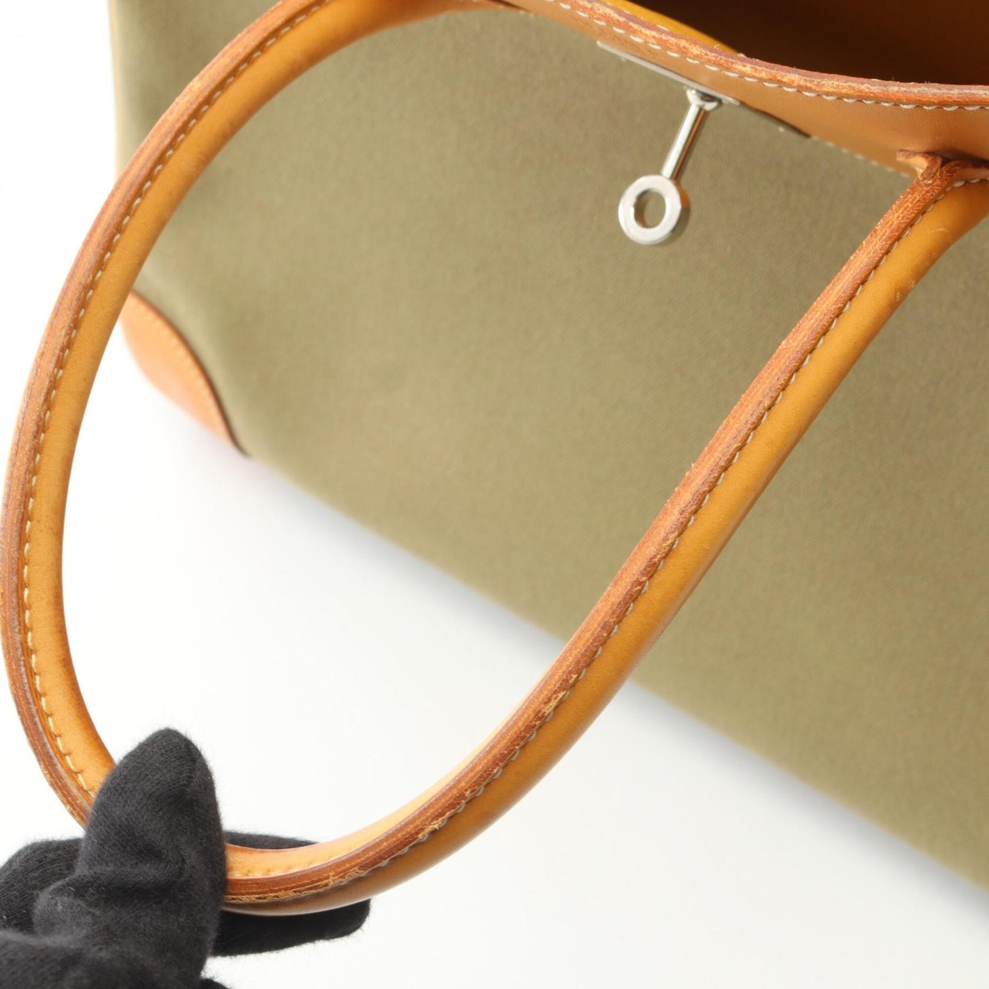 Hermes Brown Khaki Natural Canvas Barenia Leather Toile Officier Leather Handbag (Pre-Owned)