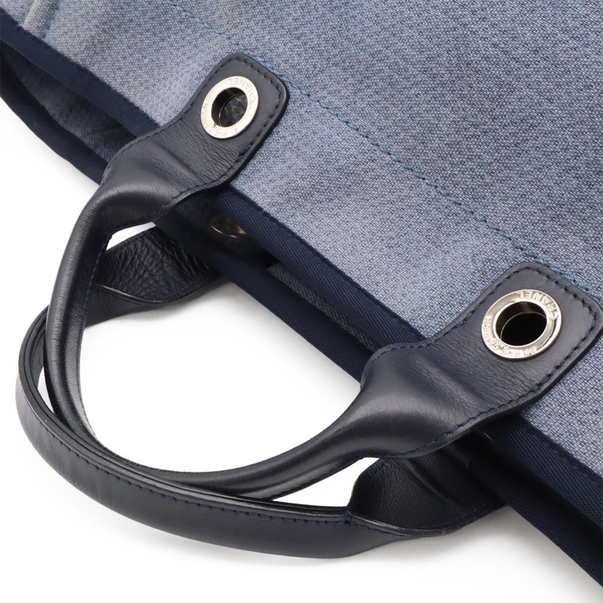 Chanel Blue Canvas Leather Shoulder Bag Tote Bag (Pre-Owned)