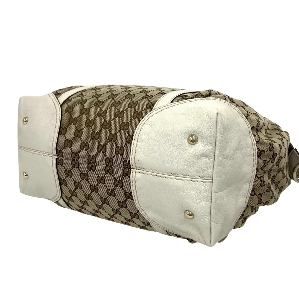 Gucci Brown White Canvas Leather Boston Bag Handbag (Pre-Owned)