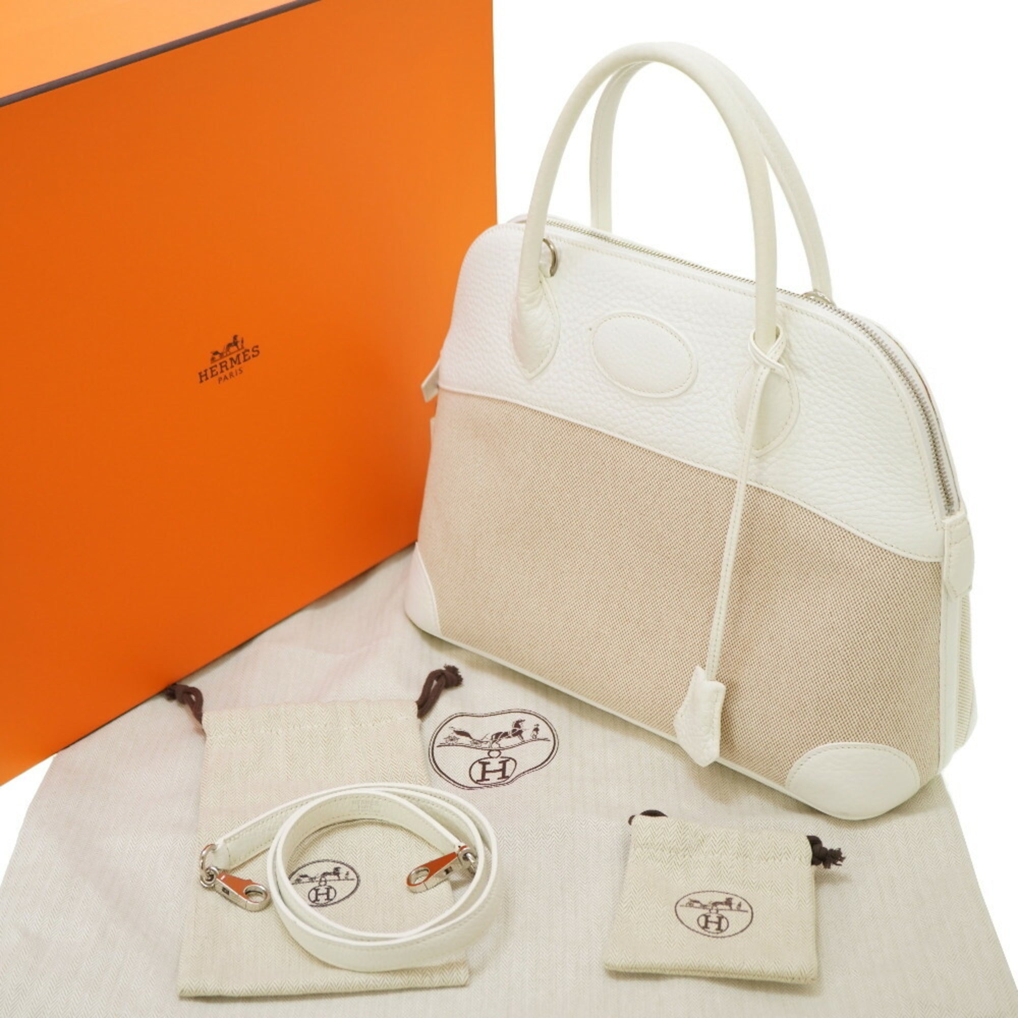 Hermes Bolide White Toile H Taurillon Clemence Leather Handbag (Pre-Owned)