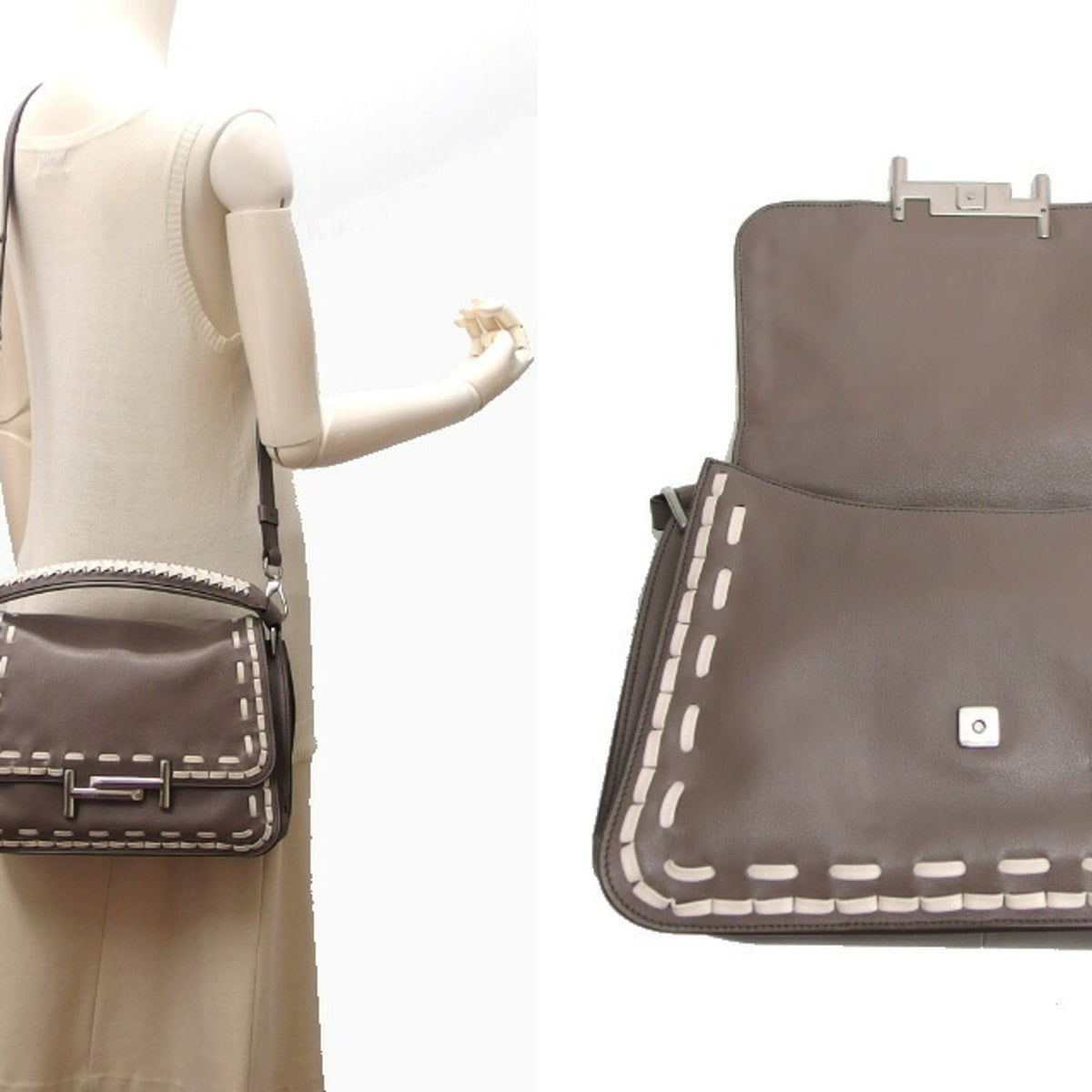 Tod's Gray Beige Grayish Leather Handbag Shoulder Bag (Pre-Owned)