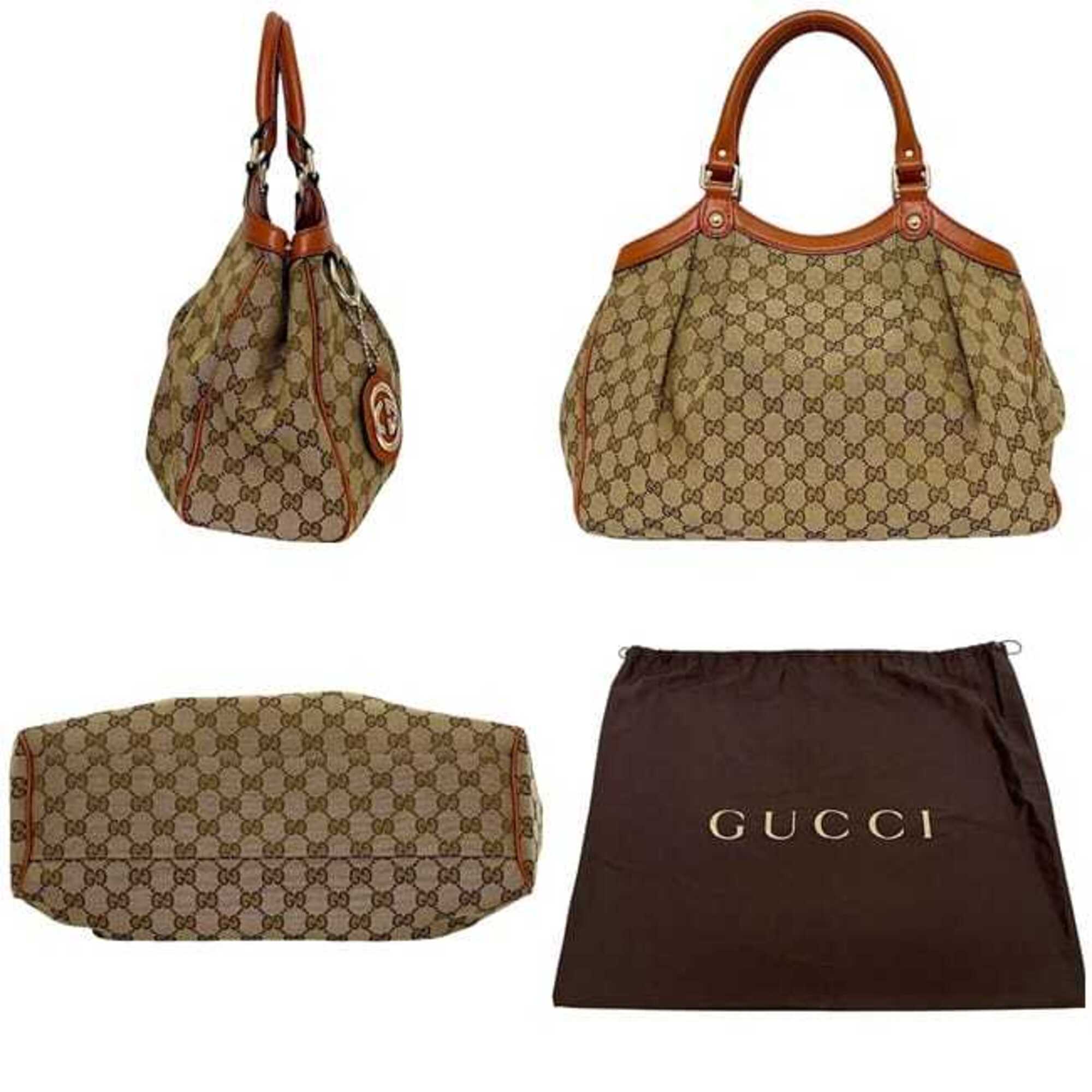 Gucci Gg Canvas Beige Orange Gg Canvas Leather Tote Bag (Pre-Owned)