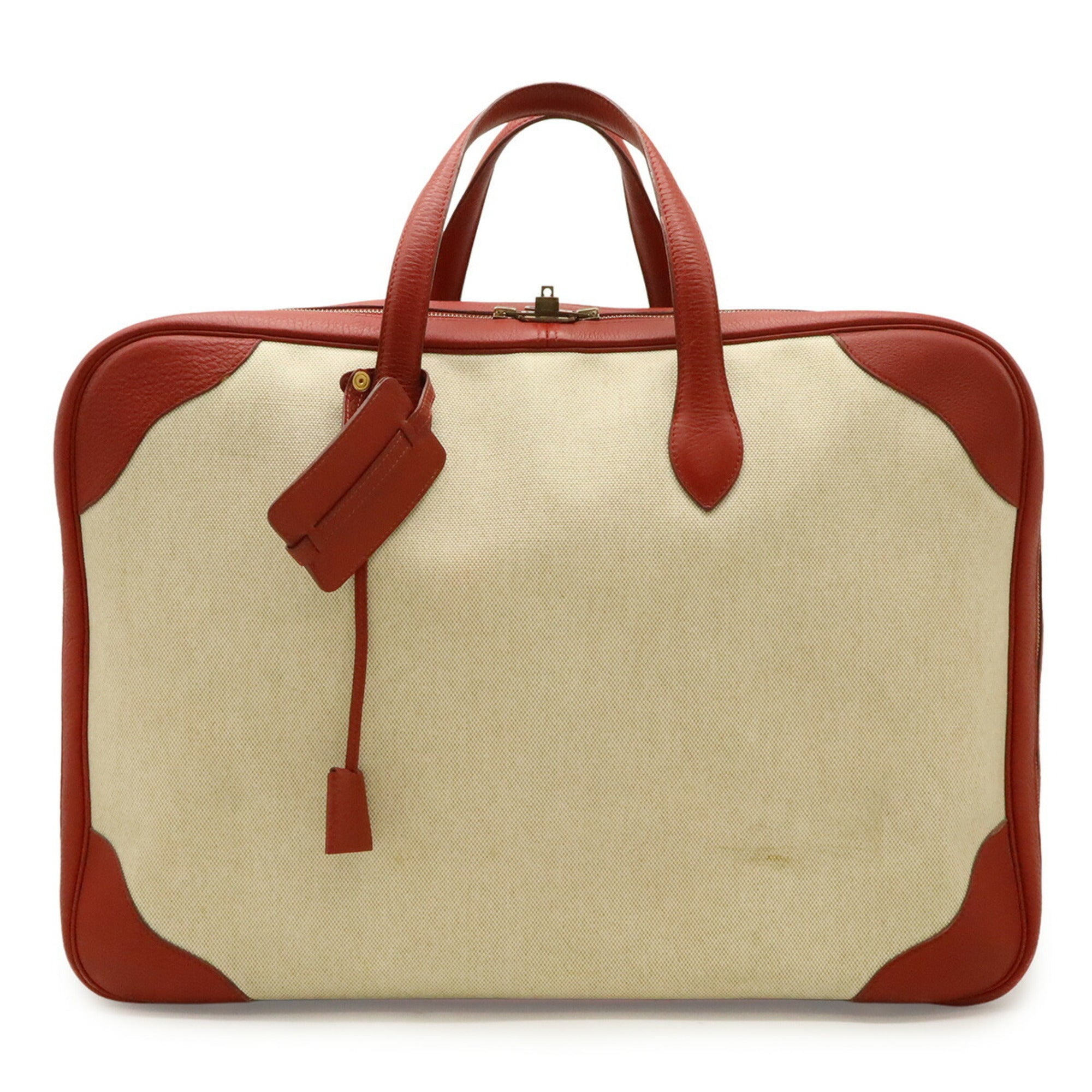 Hermes Natural Red Color Toile H Taurillon Clemence Leather Boston Bag (Pre-Owned)