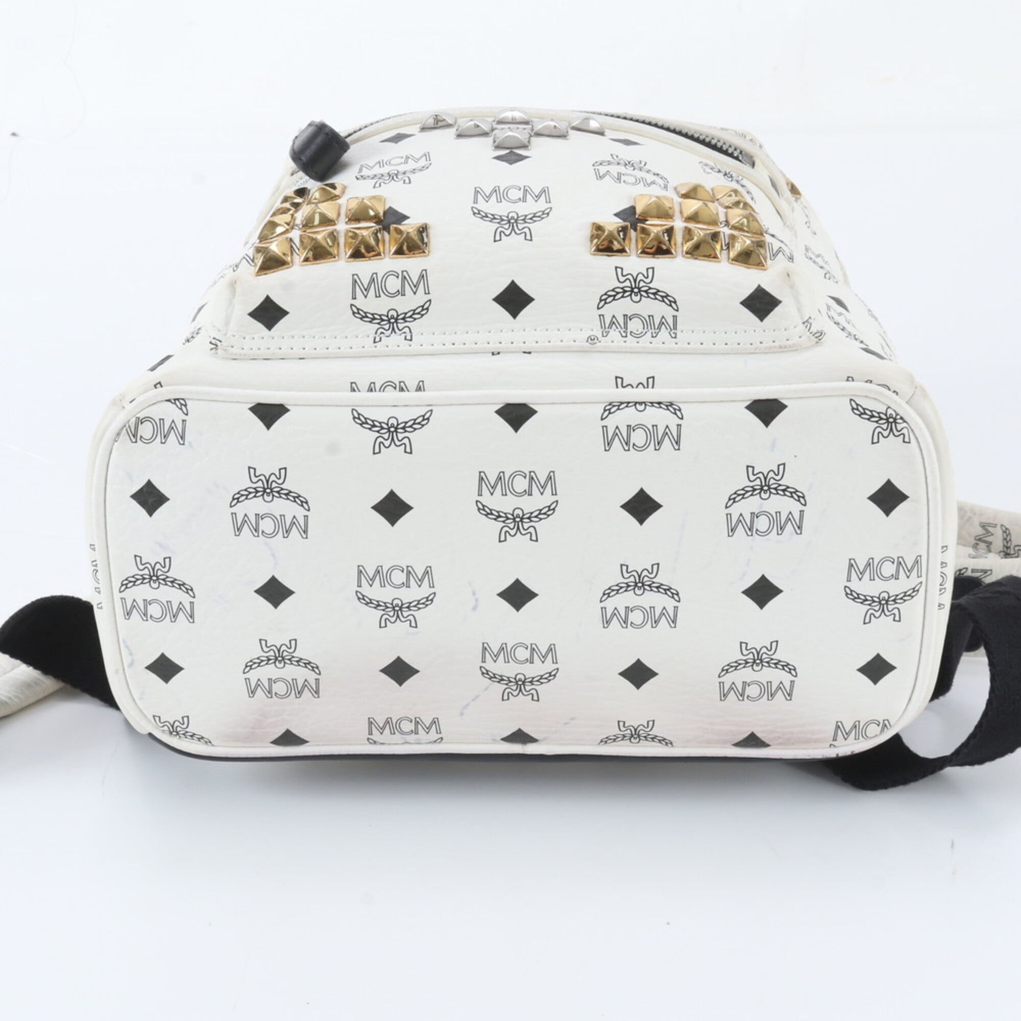 Mcm White Leather Coated Canvas Backpack Shoulder Bag (Pre-Owned)