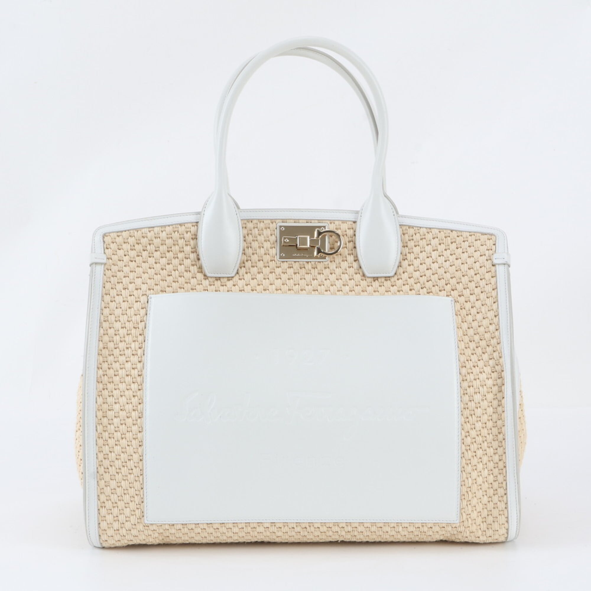 Salvatore Ferragamo Gancini Beige White Canvas Leather Handbag Tote Bag (Pre-Owned)