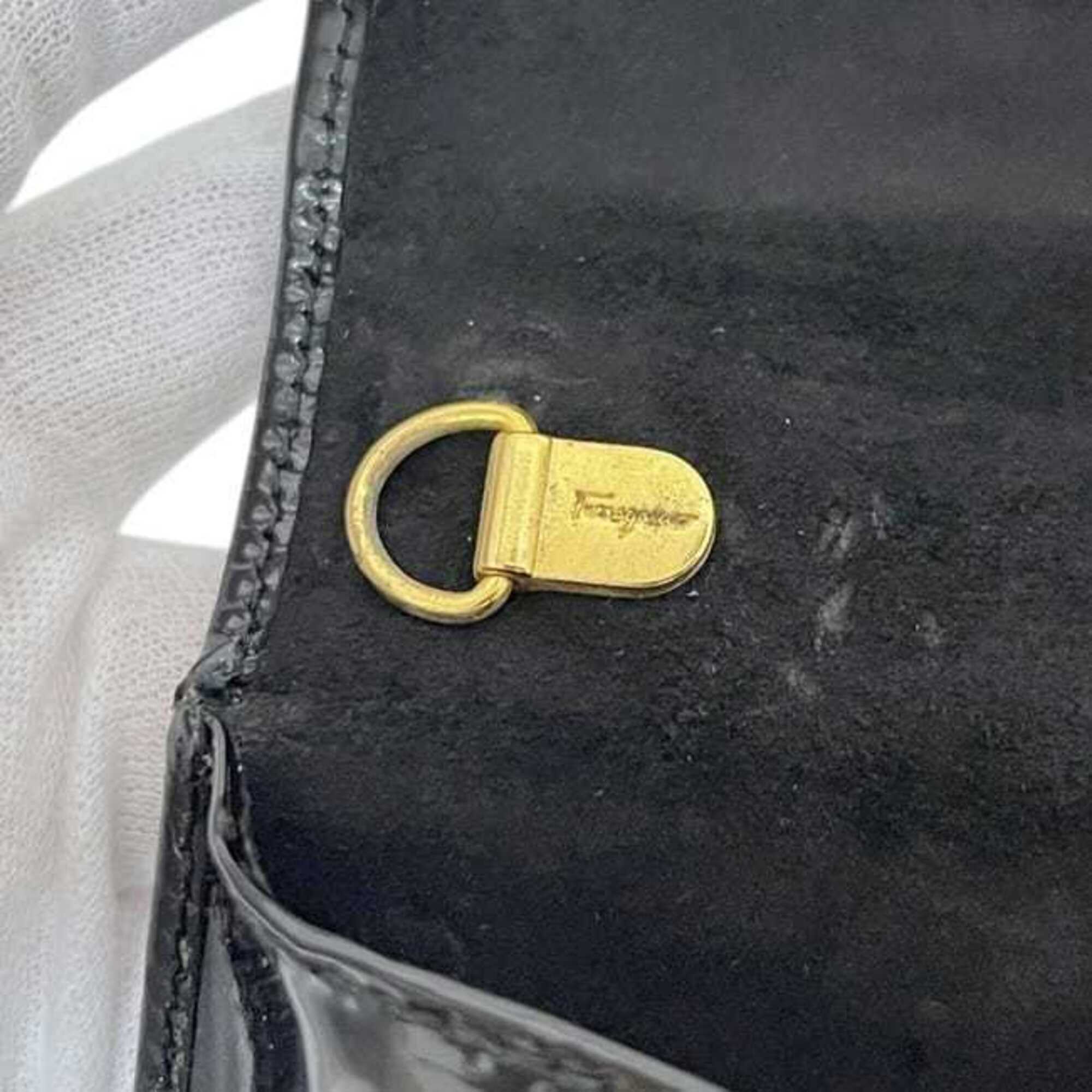 Salvatore Ferragamo Vara Black Patent Leather Shoulder Bag (Pre-Owned)