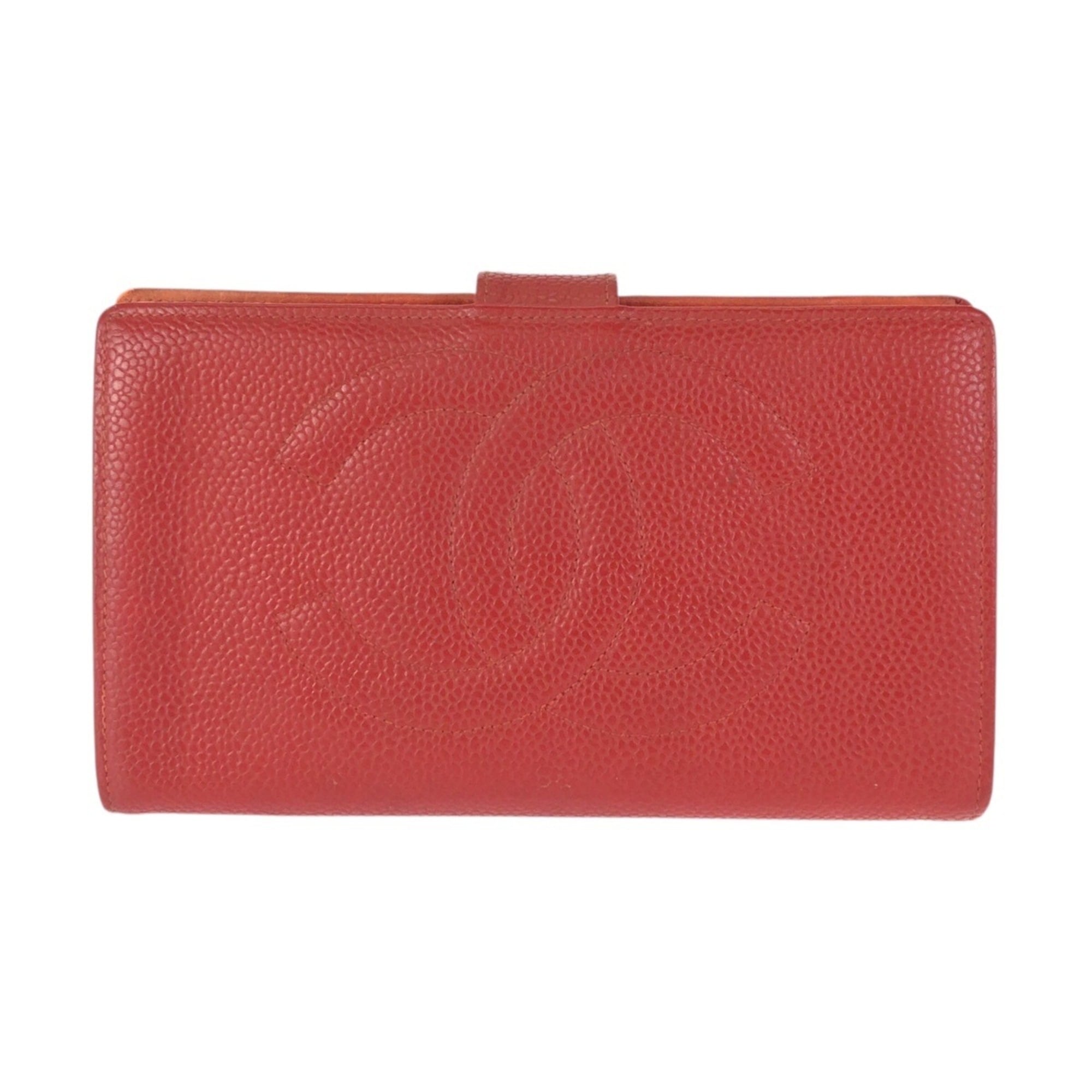 Chanel Red Color Grained Calfskin Middle Wallet (Bi-Fold) (Pre-Owned)