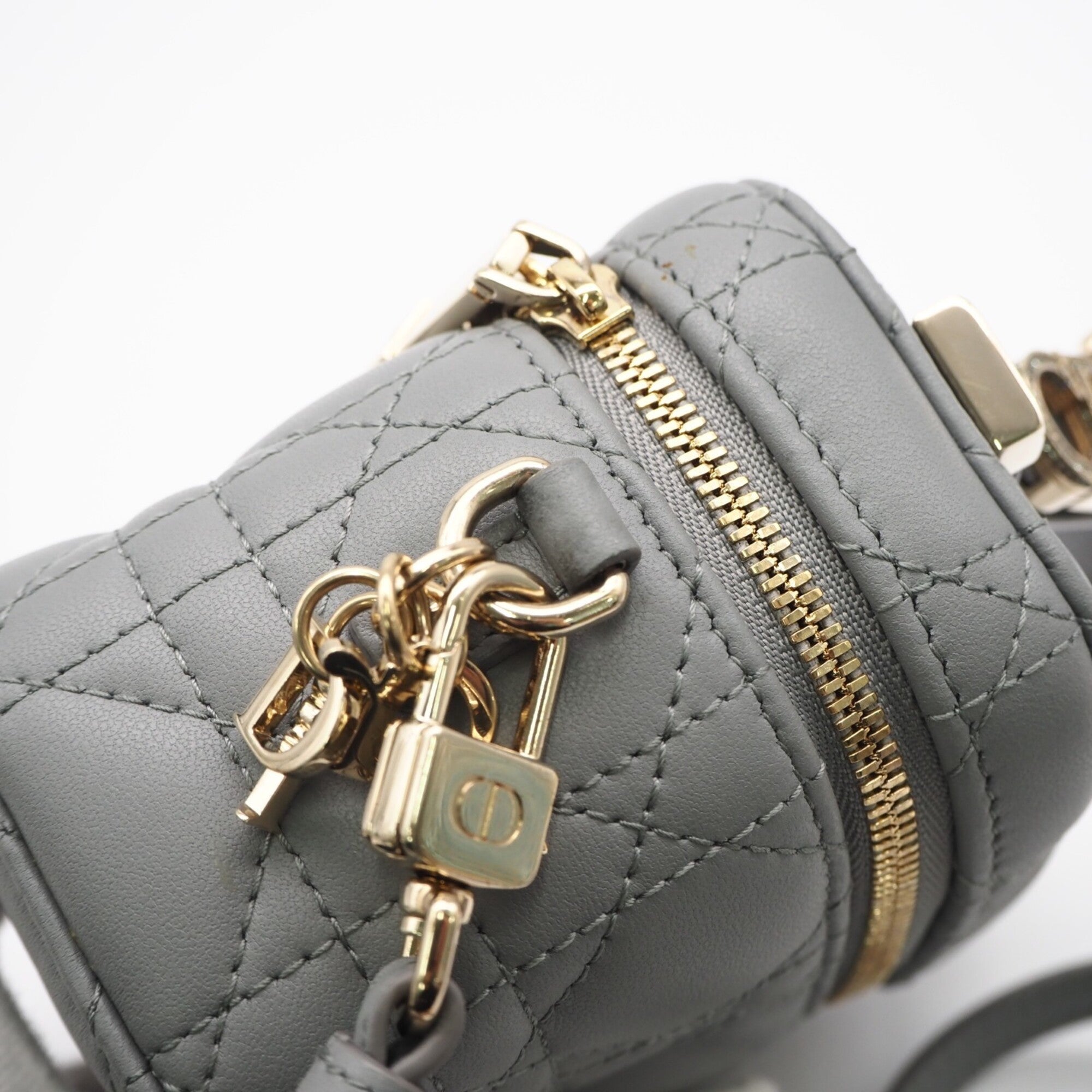 Christian Dior Lady Dior Gray Leather Shoulder Bag Vanity Bag (Pre-Owned)
