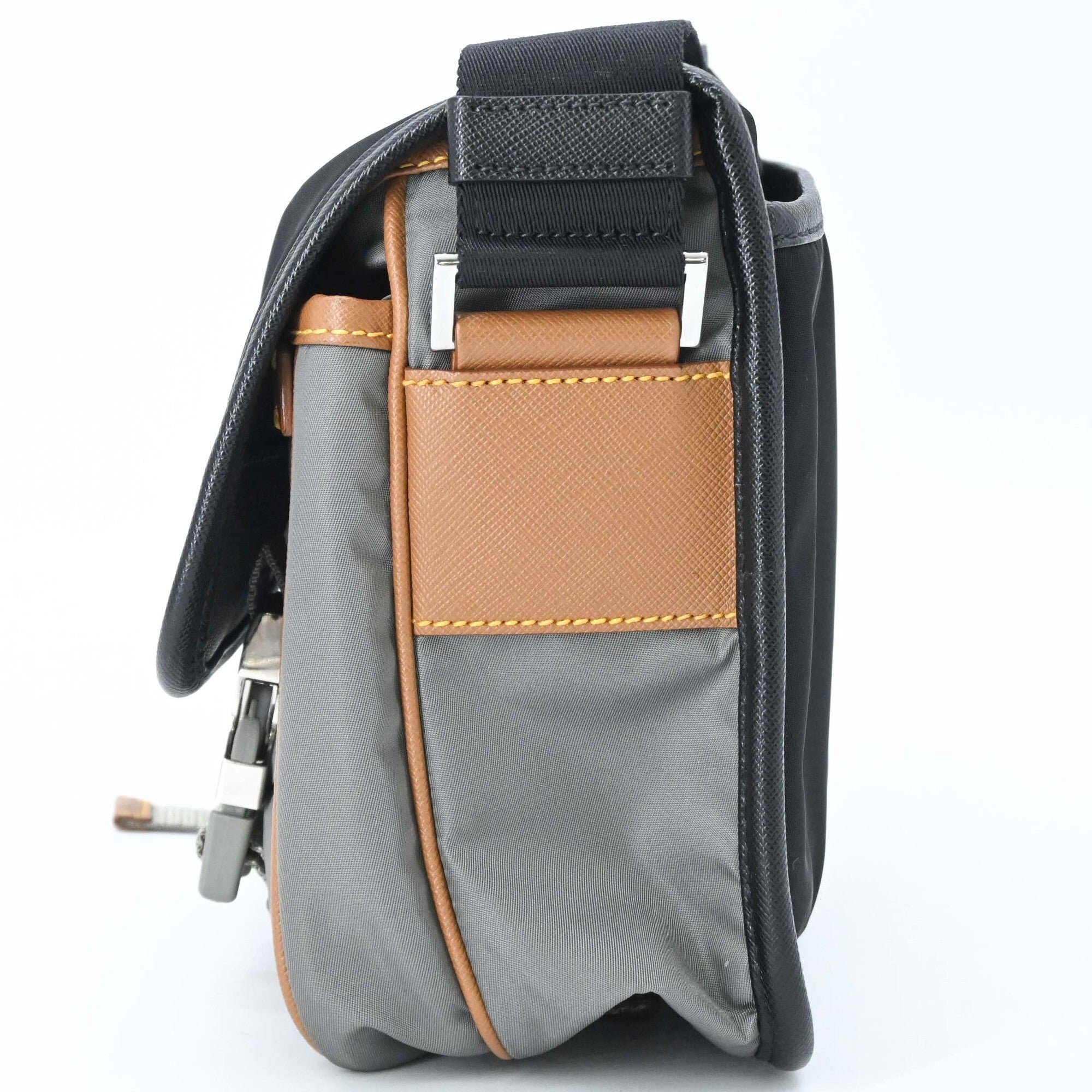 Prada Black Gray Brown Nylon Leather Shoulder Bag (Pre-Owned)