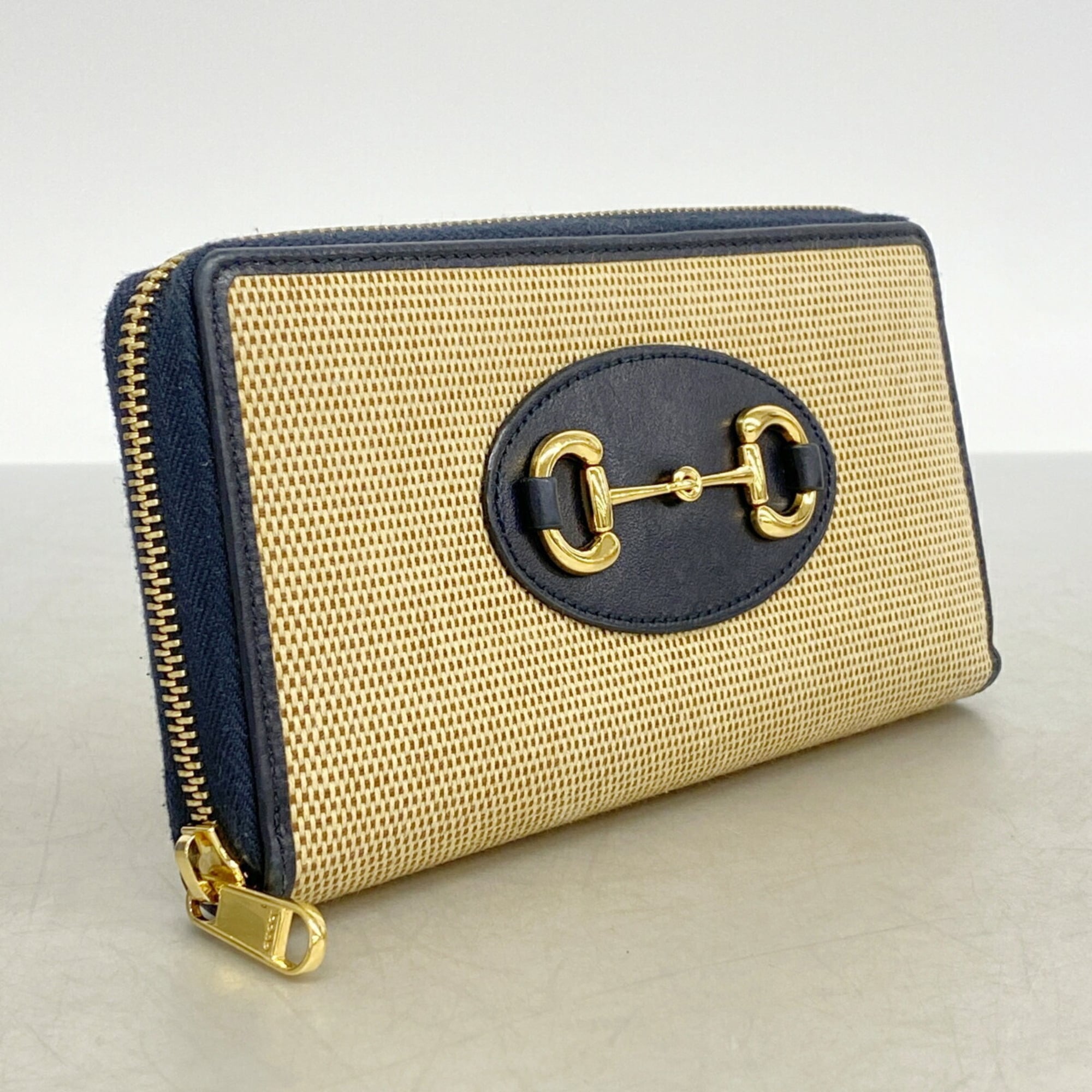Gucci Beige Navy Canvas Long Wallet (Bi-Fold) (Pre-Owned)