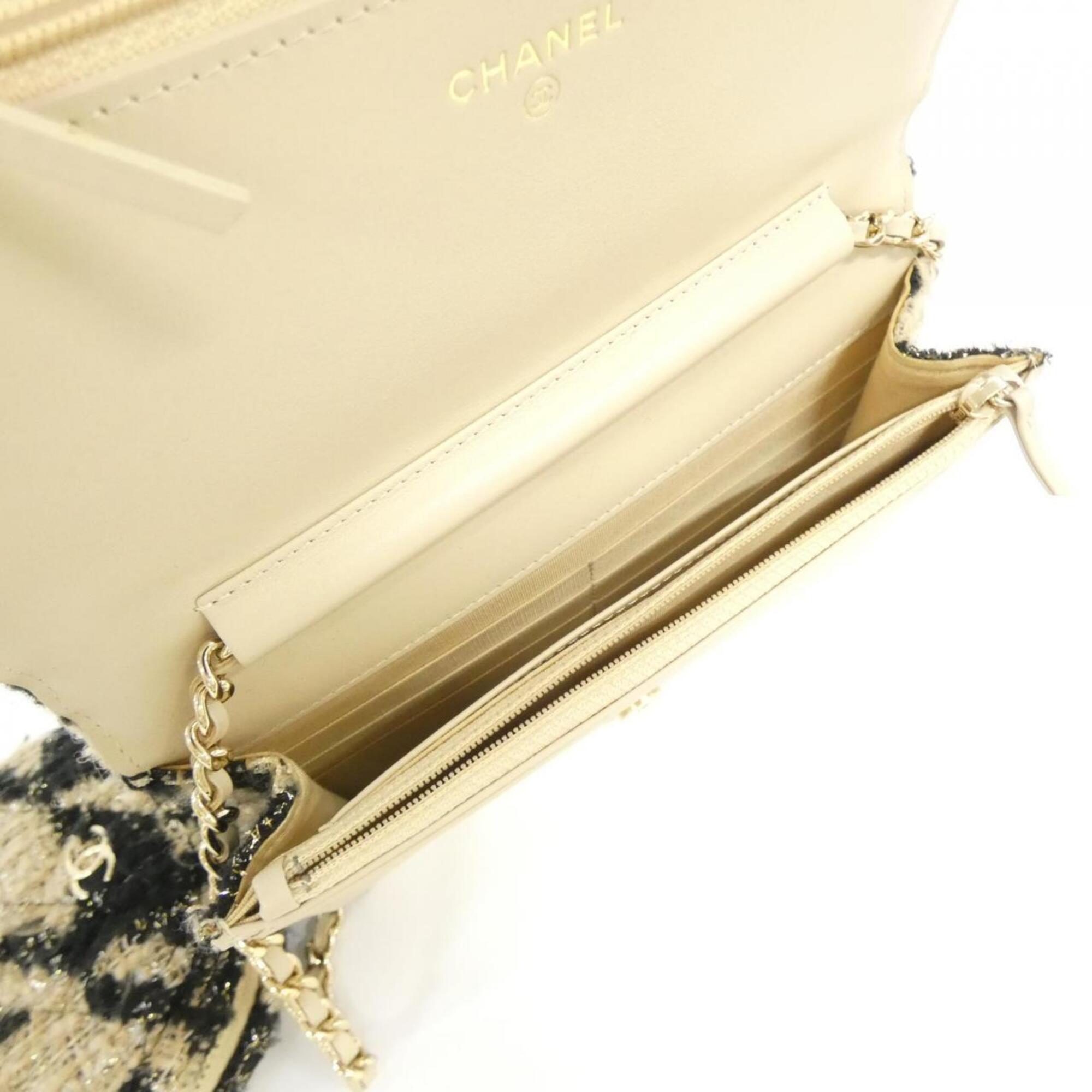 Chanel Gold Beige Black Tweed Chain/Shoulder Wallet (Pre-Owned)