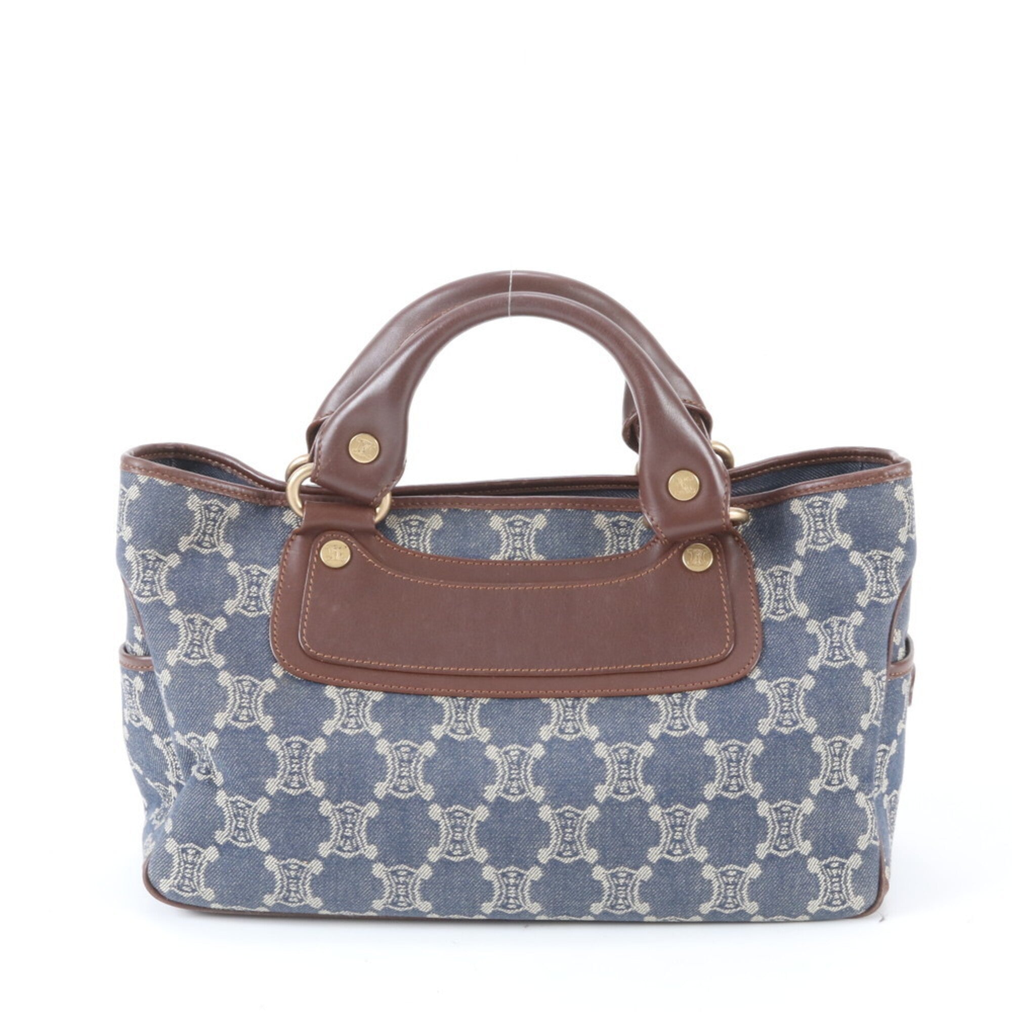 Celine Macadam Brown Navy Leather Canvas Handbag Tote Bag (Pre-Owned)