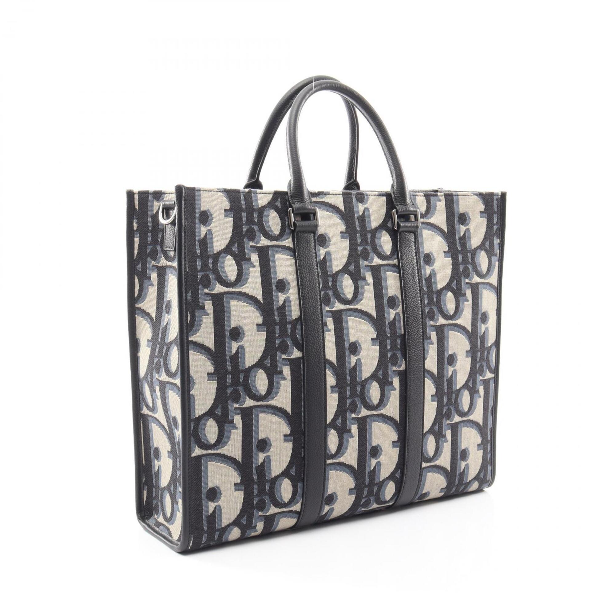 Christian Dior Beige Black Navy Canvas Leather Handbag Tote Bag (Pre-Owned)